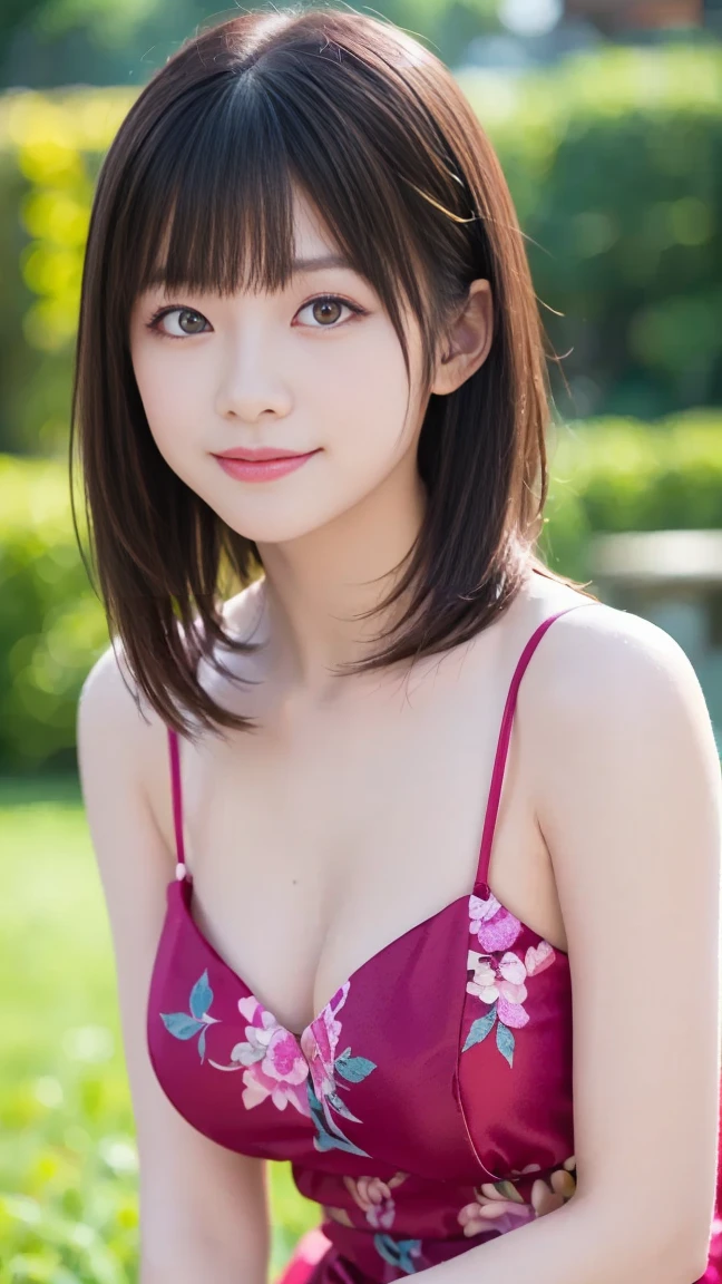 (highest quality,masterpiece:1.3,Ultra-high resolution),(Super detailed,Caustics,8k), (Photorealistic:1.4, RAW shooting),(A forest shrouded in a mysterious, dense fog),Sunlight filtering through the trees ,Light pours down,20-year-old,cute,Are standing,smile,Looking into the camera,Black Hair Middle Hair,(Crimson Dress), (Waist up shot),(High Position),(High angle),Natural light