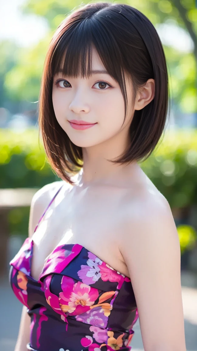 highest quality, Soft Light, Ultra-high resolution, (Realistic:1.4), RAW Photos, whole body、Floral Bikini、16 year old girl in Japan, alone, cute, (A shy smile:1), (Brown eyes, Slanted Eyes, Light in your eyes), Beautiful face in every detail, (High resolution detail of human skin texture), (short hair), sexy, Slender body, high school girl, Uniform appearance, whole body, 目尻がキュッと上がったいわゆるSlanted Eyes, The outer corner of the eye is higher than the inner corner of the eye, Looks like a strong will, Eyes with protruding corners