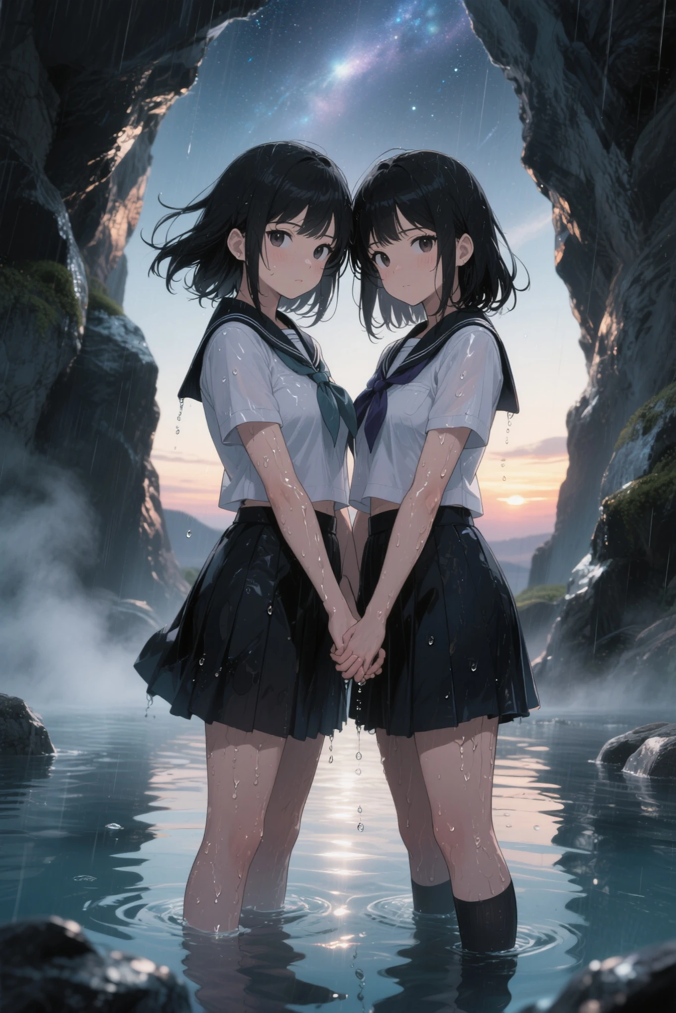 (masterpiece), (extremely intricate),aquariums, Many jellyfish are illuminated by blue lights in a large round glass aquarium, 2 Japan girls, (1 girl in, Shorthair with black hair, Light green eyes, a smile, black duffel coat, White long skirt), (1 girl in, Brown long hair, Light blue eyes, 
 white duffel coat, Black tight skirt, Black long boots, a smile), Holding hands, Looking back in front of the aquarium