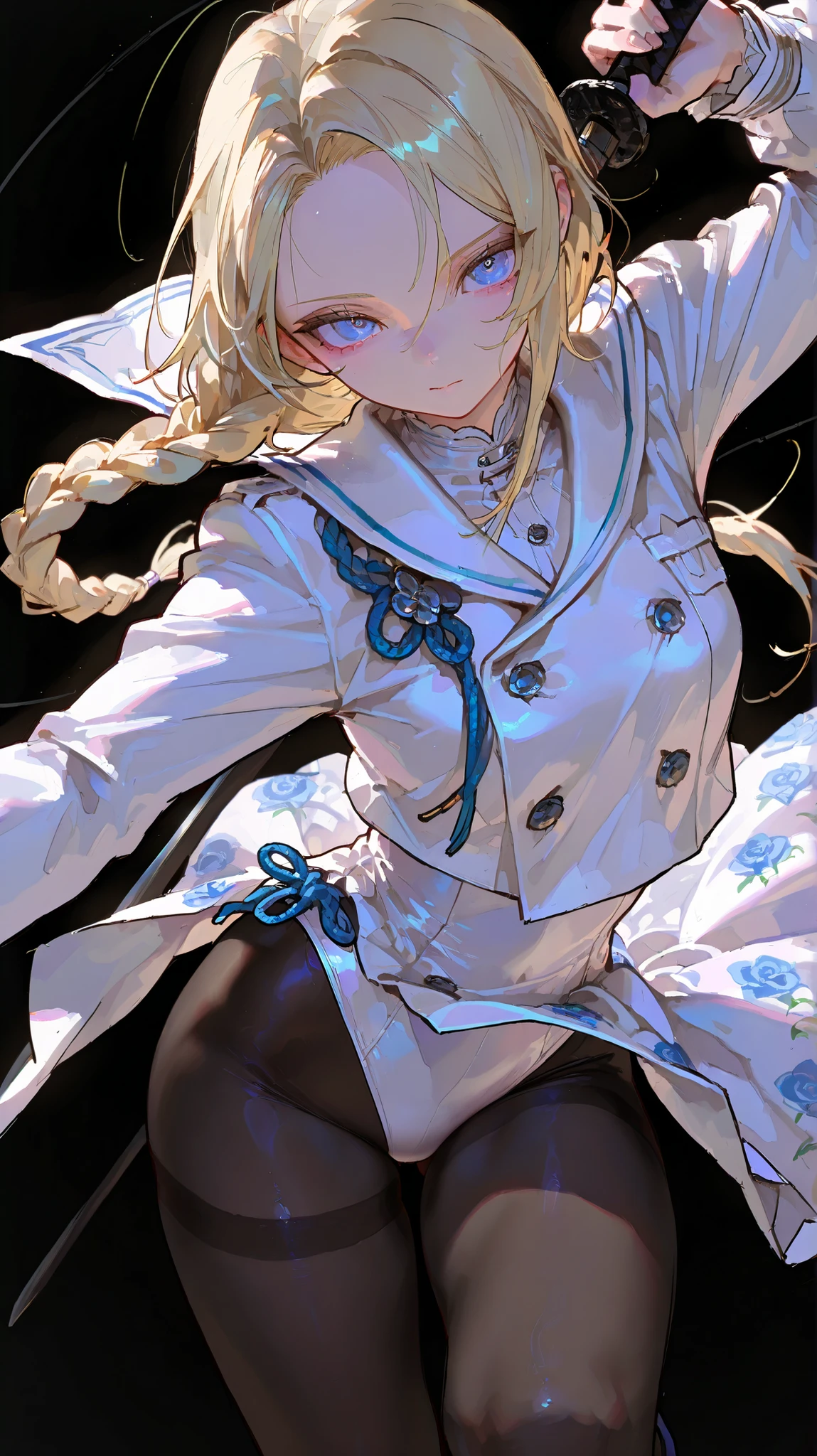 Shelley Gee, (masterpiece, top quality, high resolution: 1.2), girls, Alone, Blue Eyes 、Forehead、long hair、thin、Blonde、 Japanese sword、、pantyhose、Fair skin、Black pantyhose, Floral Skirt, Black background、white sailor suit jacket、big eyes, cute、One Braid, dynamic pose with flat bulge、leotard、Kunoichi