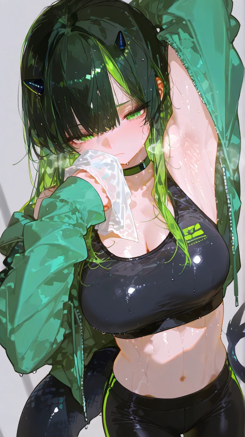 (masterpiece, best quality,8K,CG),1 girl,short hair, (black hair |Green hair), rainbow colored hair colorful hair,Gradient hair color,
(Transparent plastic coat:1.2),Black T-shirt,(Simple background:1.2) ,shining, light particles, mole under the eye, Hairball, Big bubbles, clavicle, Headbands, light particles, flare,Beautiful breasts、huge breasts:1.4,plump breasts,