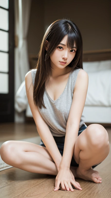 Open shirt, (((Leaning forward))), ((,Round face, Around 17 years old,mini skirt、A loose-fitting tank top)), Long Hair, , Natural Makeup, Lips become thicker, Sexy Gaze, barefoot, ((Raise one leg)), Shooting from below,Gentle expression ,((Extremely precise and accurate anatomy)), (masterpiece:1.43), Perfect proportions, Realistic photos, Full Shot, whole body,
