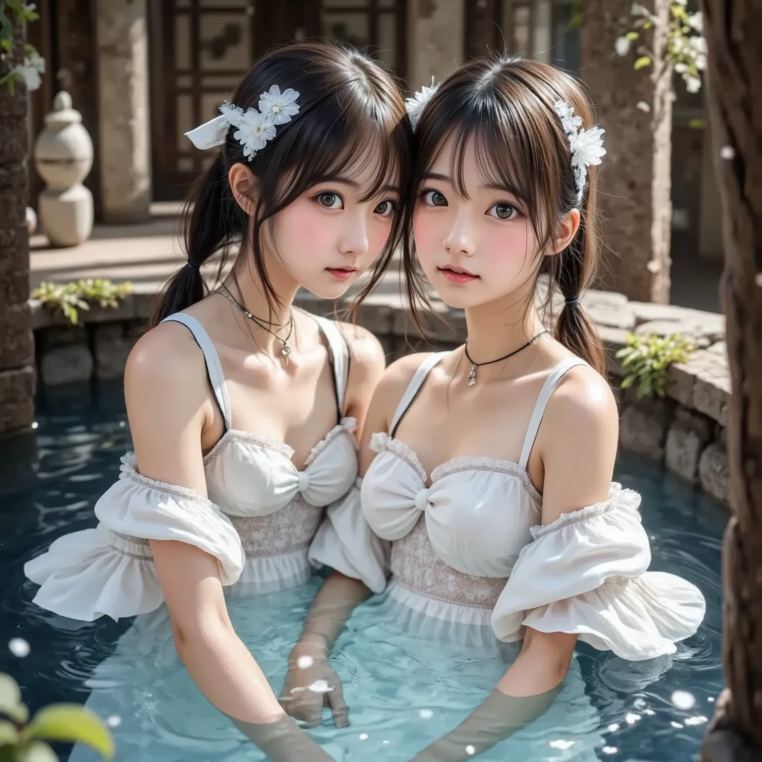 ((((NSFW STILL SHOW))))、(tiny Glamour girls:1.47)、{Centered|((Kissing))}、{(from side)|(from back)|(from below:1.2)}、{(Standing Full Body:1.2)|Wide Shot}、{(Floating hair:1.2)|(Strong wind)|(Ass focus、Ass visible through thighs:1.2)}、zydG、8K best quality、((Masterpiece:1.2、Hyper-Realism:1.37))、{(Childish)|(Gigantic Cleavage:1.37)}、((Detailed KAWAII Face、Detailed Oily Porcelain skin textures、Extremely Detailed))、brilliant Shining Perfect eyes、Smooth shading、{bokeH|clear focused}、Soft Lighting with many Follow lights、{(David Hamilton:1.2)|Biomechanical HUGE and HEAVY boob|Studio Gray background}、{(Tiny Micro bikini:1.67)|(Heart-shaped body paint:1.5)|(Underboob:1.2)|(Sideboob:1.2)|Transparent celestial robe:1.15|(Wetted:1.5)|(No Underwear:1.2)}、{Flowers|Flower wreath|Princess Tiara|Dark Red Leather High Collar|ssmile|perplexed|seductiv|Different types of hair colors}、{(Light Particles:1.2)|(Lens Flare)|(Luminescent Particles:0.6)|(Forest Lakeside)}、