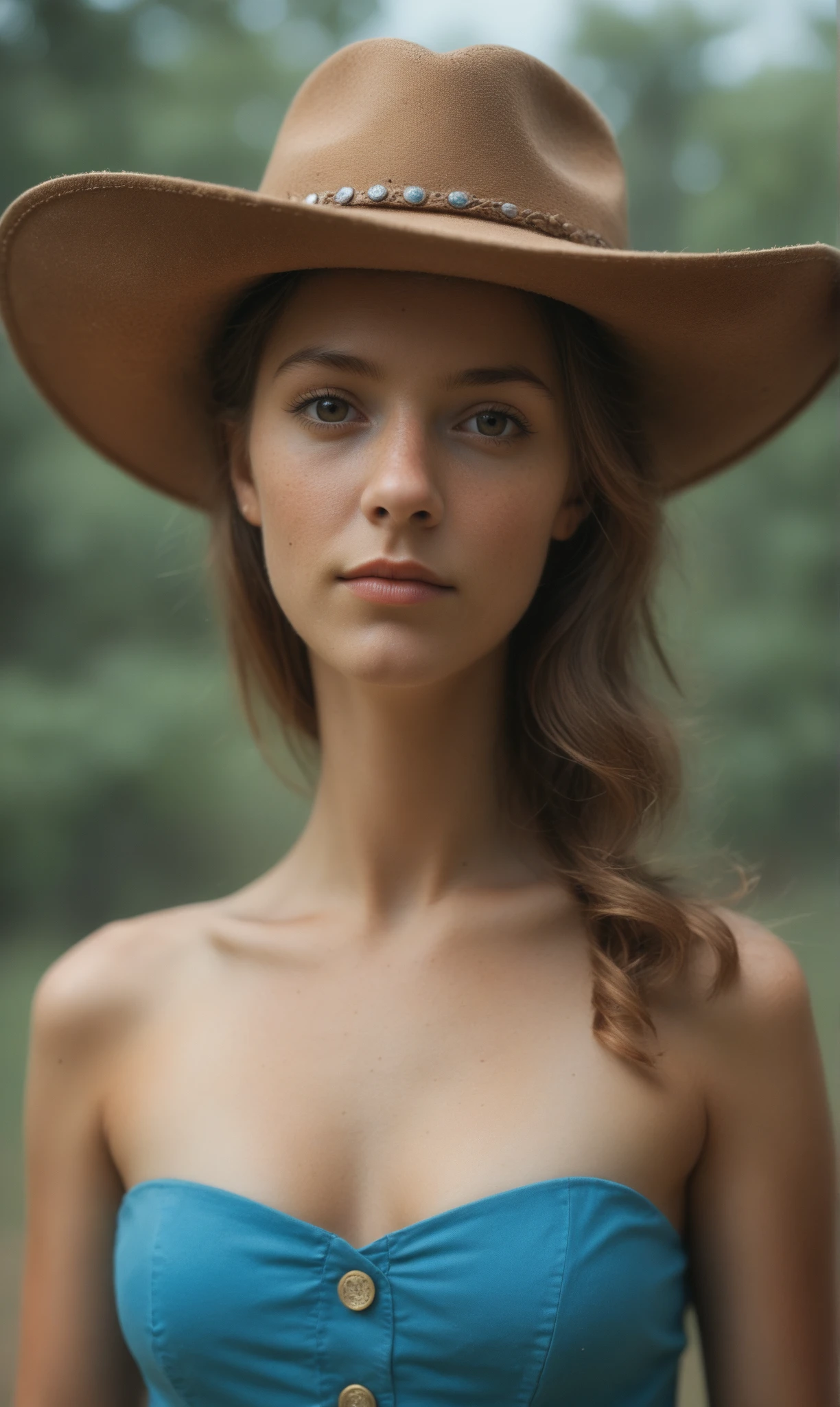 ((high resolution)), athletic, defined muscles, ((pale skin)), freckled, brunette 11 year old, with blue eyes, long curly hair with bangs, ((small breasts)), naked, as a cowgirl, cowboy hat
