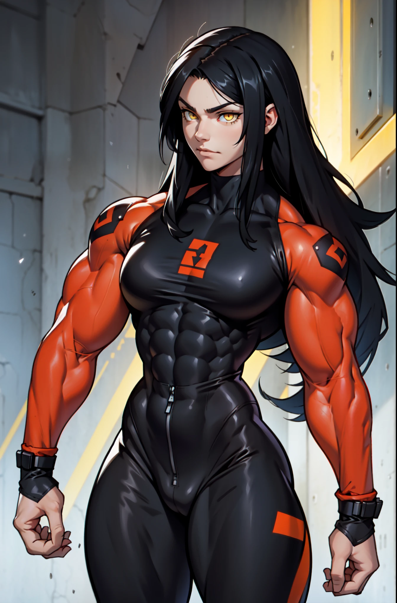 girl ((muscular)) huge breasts toned body black hair yellow eyes very long hair solo pale skin sad frown skintight suit skintight suit skintight suit