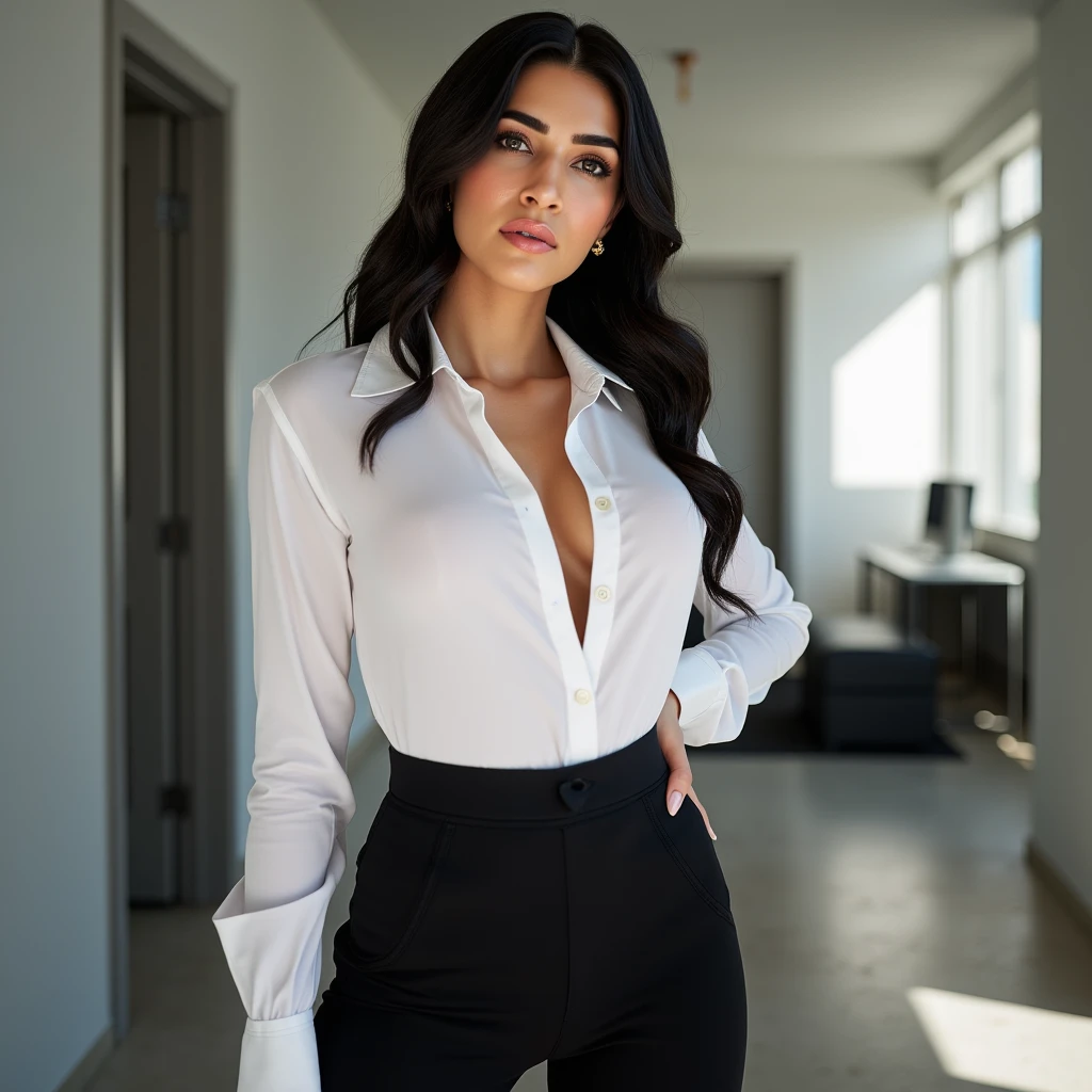 Adult woman, 29 years old, latina, latina traits, perfect face, beautiful face, long slightly curly dark hair, perfect eyes, brown eyes, beautiful eyes, mascara, eyeshadow, makeup, d cups, d cup breast size, HDR, photoreal, High quality, full body shot, bad lighting, quite dark, podcast room, as if the woman was conducting a podcast, lots of books in background, casual-formal clothing, sitting on chair, neon lights, formal pants and long sleeve formal shirt