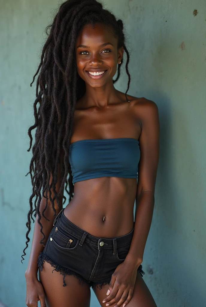 mulher negra, pele escura, olhos castanhos, idade 21 anos, andando na floresta, cabelos longos, sorriso branco, olhar sedutor
