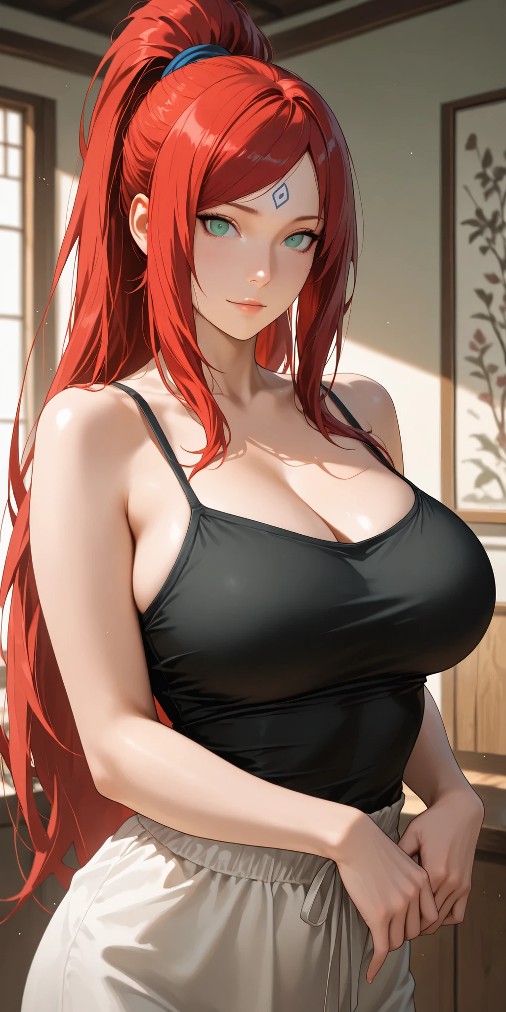 Milf, spaghetti strap dress, sexy fat, ultra detail, sexy body, cleavage, big breast, seductive expression, sexual expression, long red hair