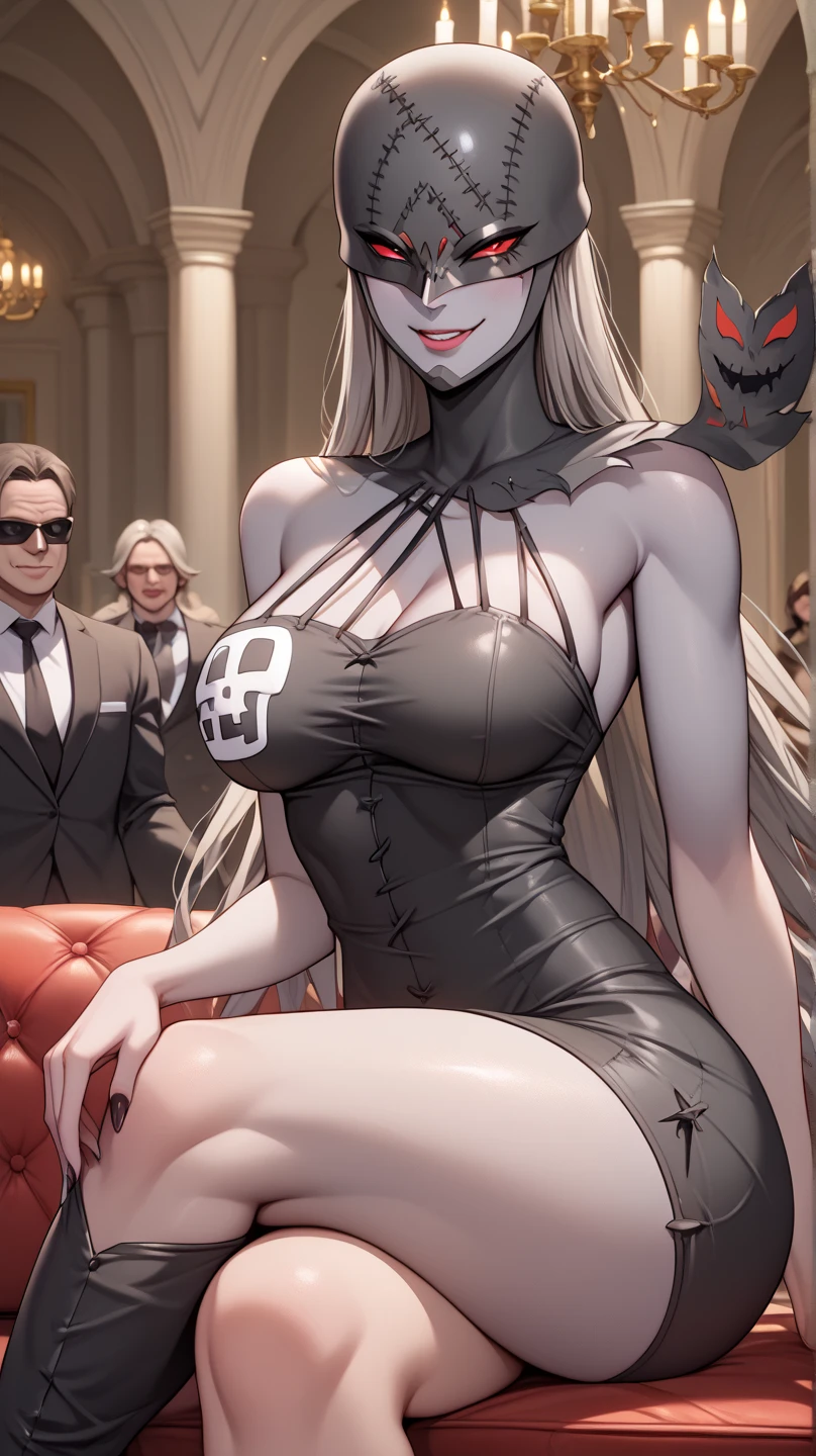 (((photorealistic:1.4))), ultra realistic, pores, (((masterpiece))),high quality, ultra details, mistress, pretty white korean woman with beautiful face,fang, simple smile, blonde long hair, jewelry, earrings, blood splatter on body (very long sharp pointed curved golden fingernails  and long sharp toenails ), wearing dominatrix outfit, sitting on the table, high heels, people arround surrounding, man head covered with deep wounds and blood