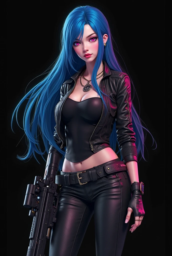 80s European Woman Metal Singer, black hair, big chest, dark jeans, rivets, pants, belt, with big gun. full body.