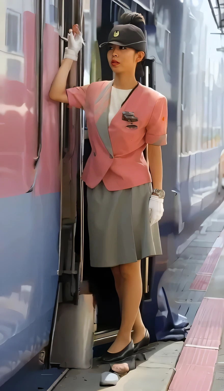 1 Year old Filipino baby girl wearing stewardess attire with the background is airport theme.