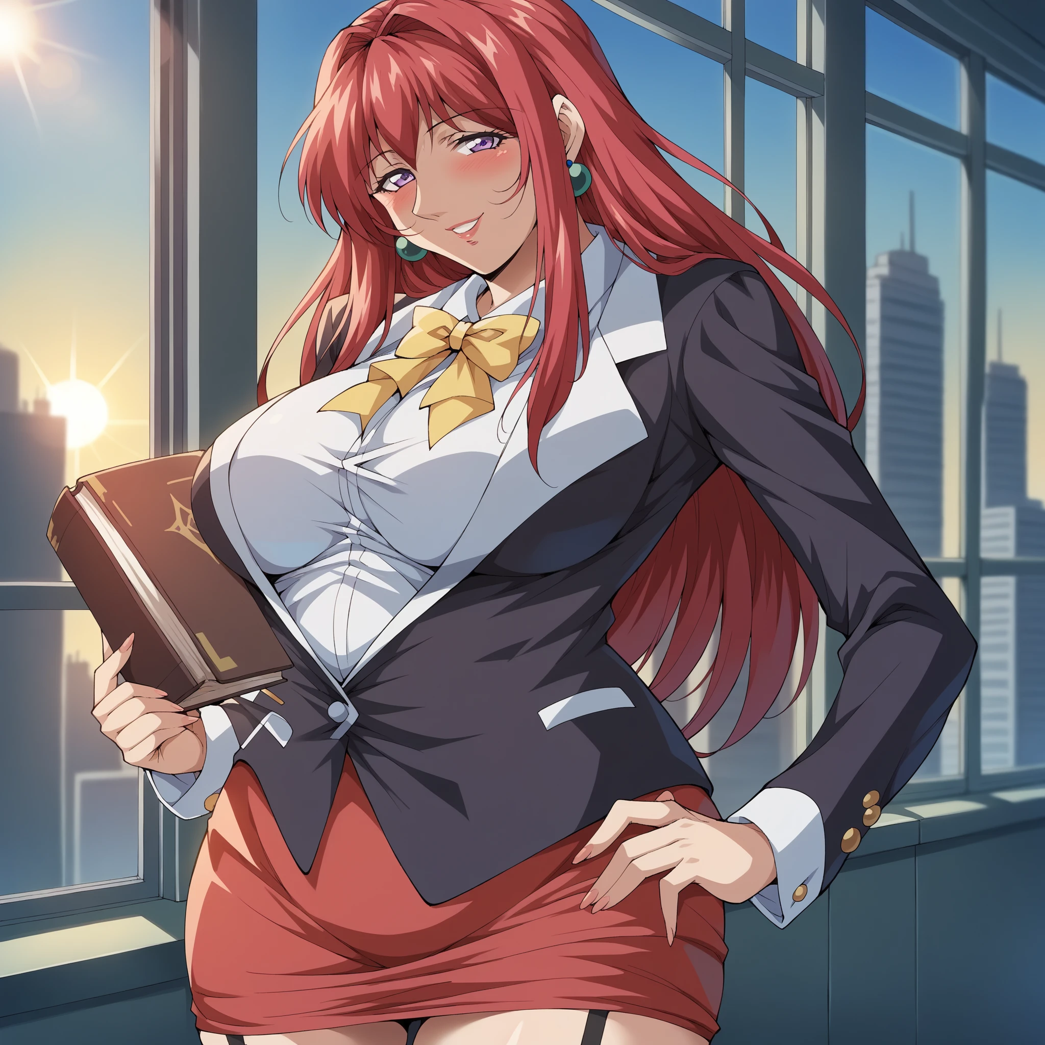 (high quality:1.2), Intricately detailed, Digital Art,
Takashiro Hiroko, One girl, Mature Woman, alone, Hands on hips, I have a book, Cowboy Shot,
View your viewers, smile, blush,
Purple eyes, Long Hair, Redhead, Earrings, jewelry,
teacher, blouse, bow tie, blazer, Pencil Skirt, Knee socks,
Curvy, Large Breasts,
School, window, null, sunlight, city, Complex background, sunset,