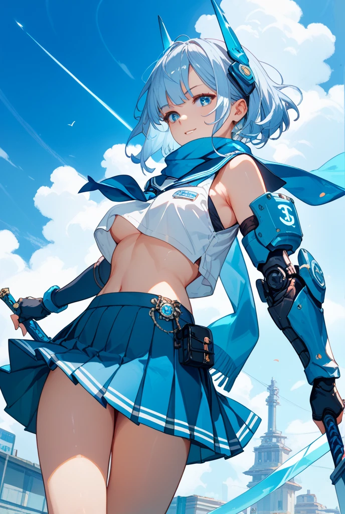 beautiful, masterpiece, Highest quality, anime, One girl, C Cup,Portrait Shot, View your viewers, Covered、Short Hair、nearby、Blue Eyes、art、、White hair,Blue streaked hair、wallpaper、hairpin、Cute smile、Thighs、navel、Black and White_Race Queen、Blue-black_Gloves、Blue-black_Knee-high boots、、Cute、Blue-black_Short skirt、circuit、blue sky、Blue-black_mini skirt、Blue-black_Very short skirt