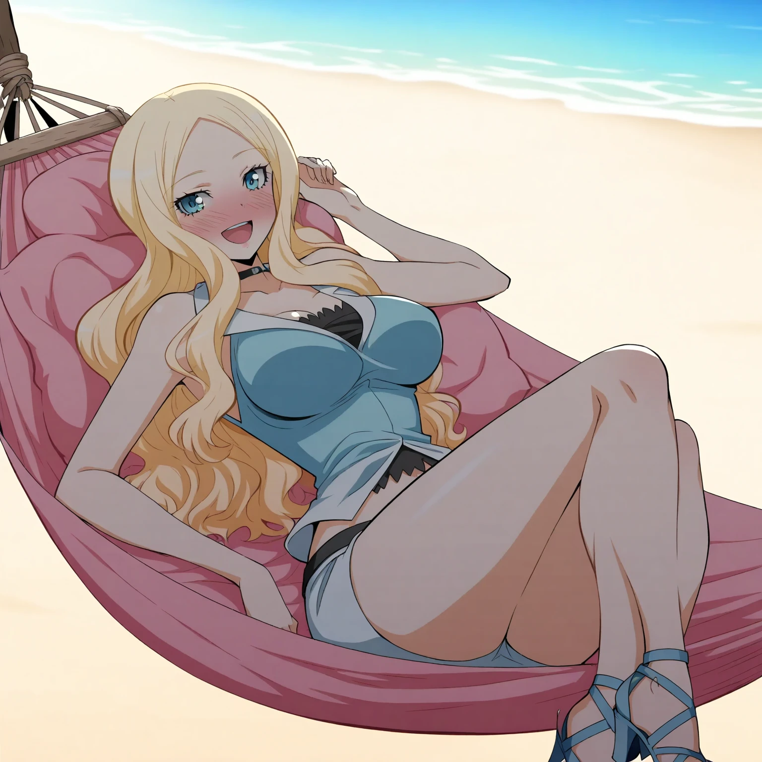 masterpiece, happy, smiling, white bikini, best quality, 1girl, standing in front of viewer, view from front, long blonde hair, double braids hairstyle, blue eyes, large breasts, happy, in beach setting, full body