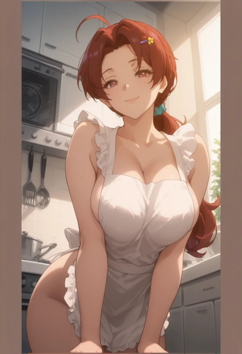 One girl, alone, nakano miku, Brown long hair, Hair between the eyes, (naked:1.3), (White apron), Large Breasts, Cleavage, Thighs, Cafe Background, (blush:1.2), smile