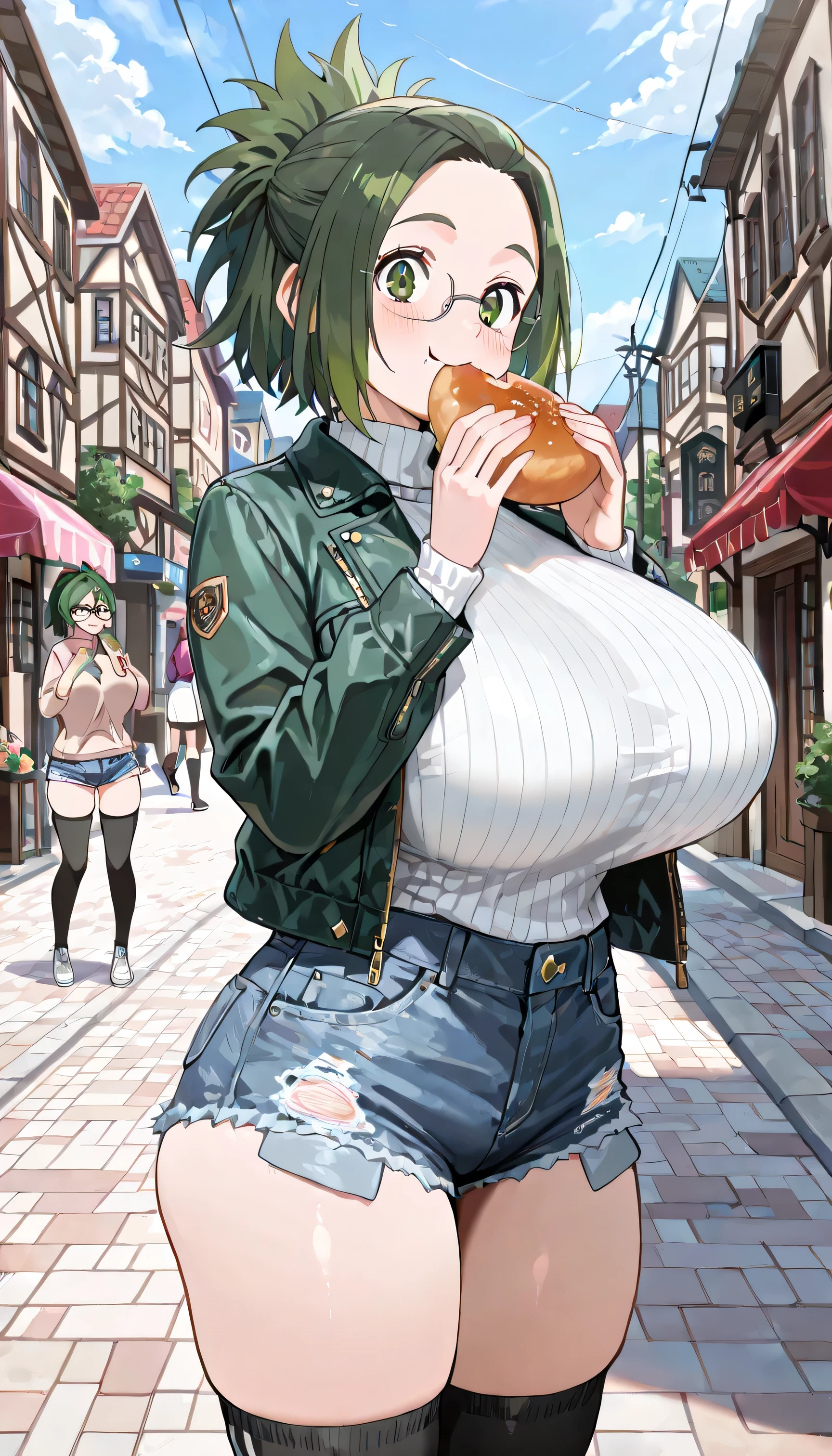 ( best quality , 8k , masterpiece , incredibly absurdres , beautiful woman , perfect body , super detailed skin , highly detailed eyes and face ) , 1 person , Himiko Agari , green hair. , short hair , ponytail , green eyes , glasses , smile , will be happy , ( jacket , tight sweaters, ultra short denim shorts , thigh-high socks , town , eating : 1.2 ) , ( huge breasts )