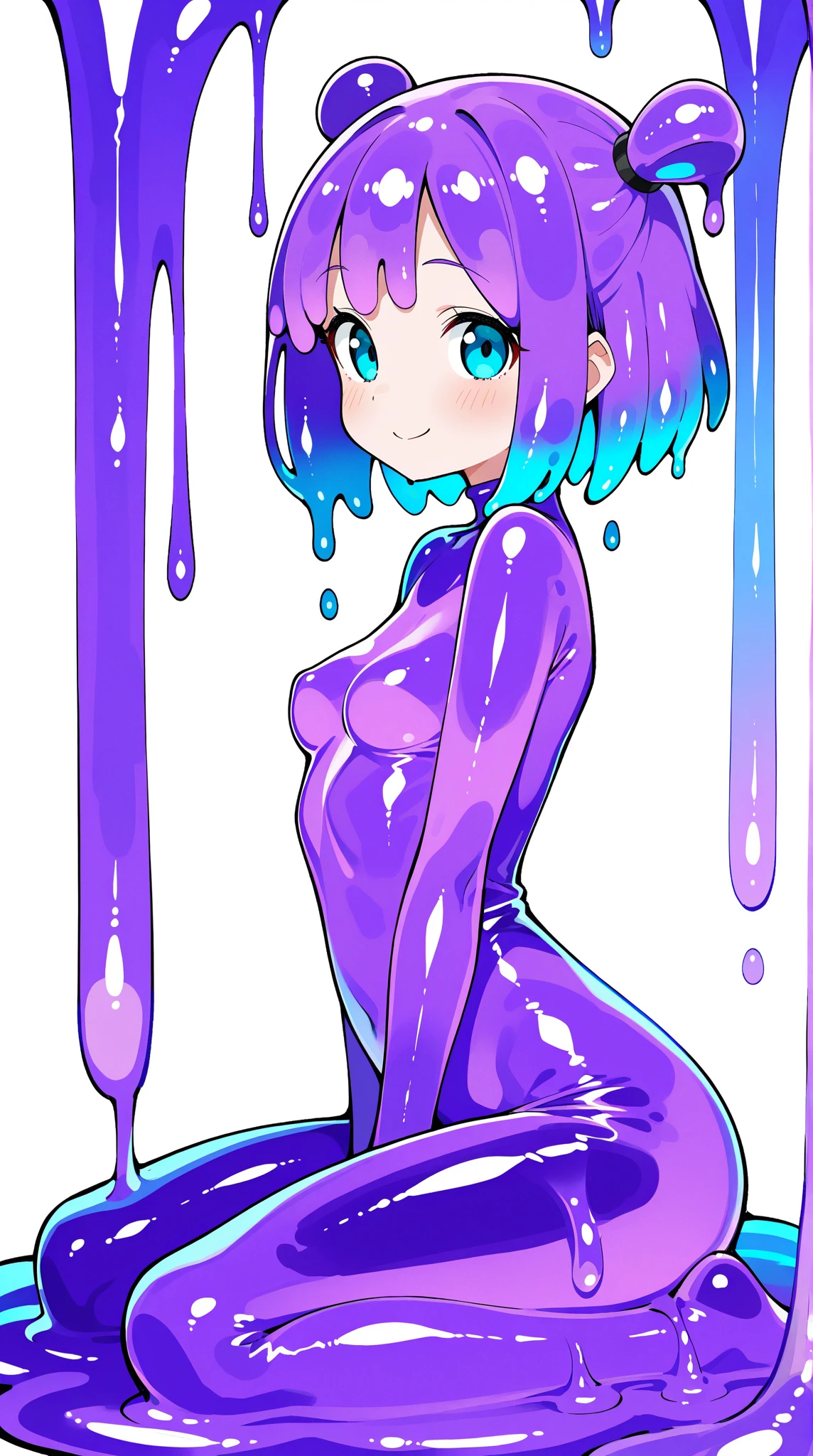 Highest quality, (masterpiece:1.2), Very detailed, 
One Girl, alone,Red glowing eyes、
View your audience, Naughty smile, Transparent nipples、
blush, Blue Hair:1.4, short hair、Perm Hair((Slime-like pantyhose))、A space divided by a grid、((A pink slime that resembles Sailor Mercury))、((Long gloves))、(Transparent slime leotard:1.5)、Slime Boots、(Spread your legs)、Mucus covering the groin