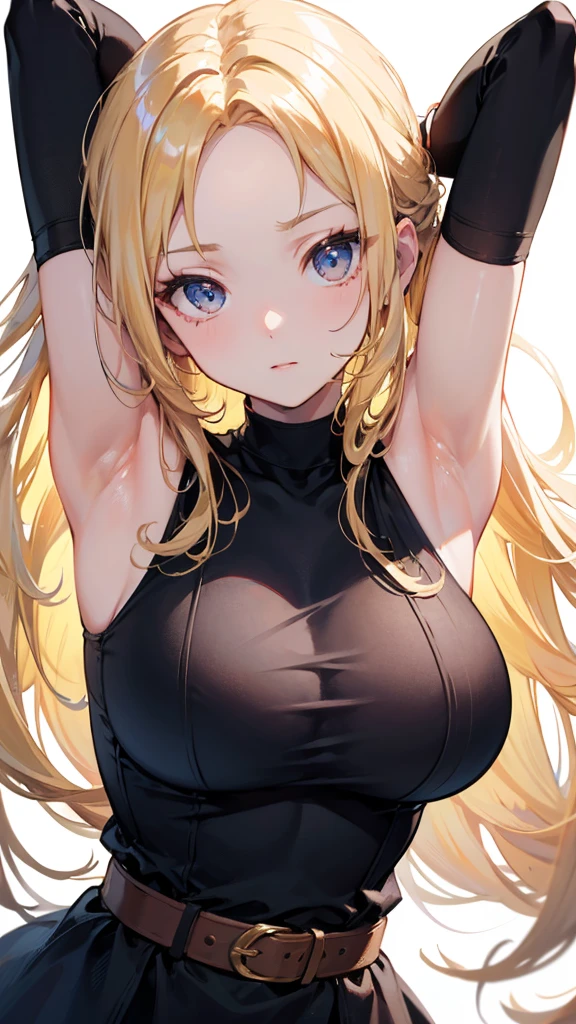 (best quality, highres:1.2), 1girl, beautiful detailed eyes, beautiful detailed lips, extremely detailed eyes and face, long eyelashes, medium:oil painting, vivid colors, HDR, studio lighting, ultra-fine painting, sharp focus, physically-based rendering, extreme detail description, portraits, curvy body, big breasts, perfect shape, showing armpit, facing viewer, sweaty, gorgeous, arms up, sleeveless latex bodysuit