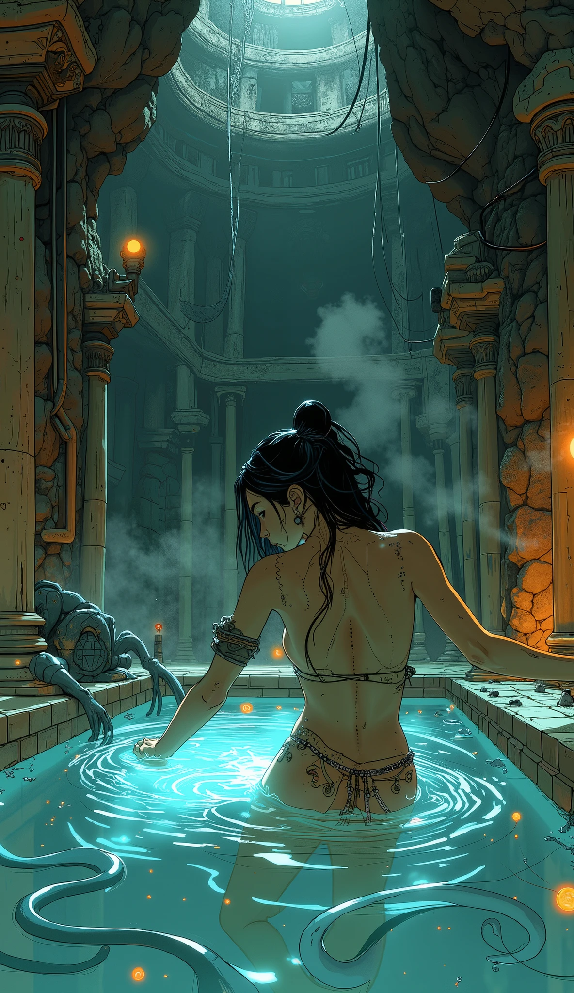 (masterpiece, high detail, high resolution, art style by Greg Rutkowski, depth of field), (one woman, a ((fully naked)) warrior woman taking a bath in an underground lake, alone in a ((dark cave)), ((cleaning her bleeding wounds)), view from behind, attentively observing her surroundings), (background: dark narrow cave), (large white cloak hanging on her back), visible muscles, sculpted body, strong arms, strong legs, brown skin, battle scars on entire body, ((dirty skin with sweat streaks)), (thick rusty paint hair: 1.8), sensual, (small breasts: 1.9), (small butt: 1.9), ((strong body)), full body view, ((dark background:1.4)), (inside a cave background), (stern facial expression), relaxed, detailed, (volumetric, level difference detail), dusty atmosphere, backlight, contour light, strong but seductive, (((alone))), washed out colours