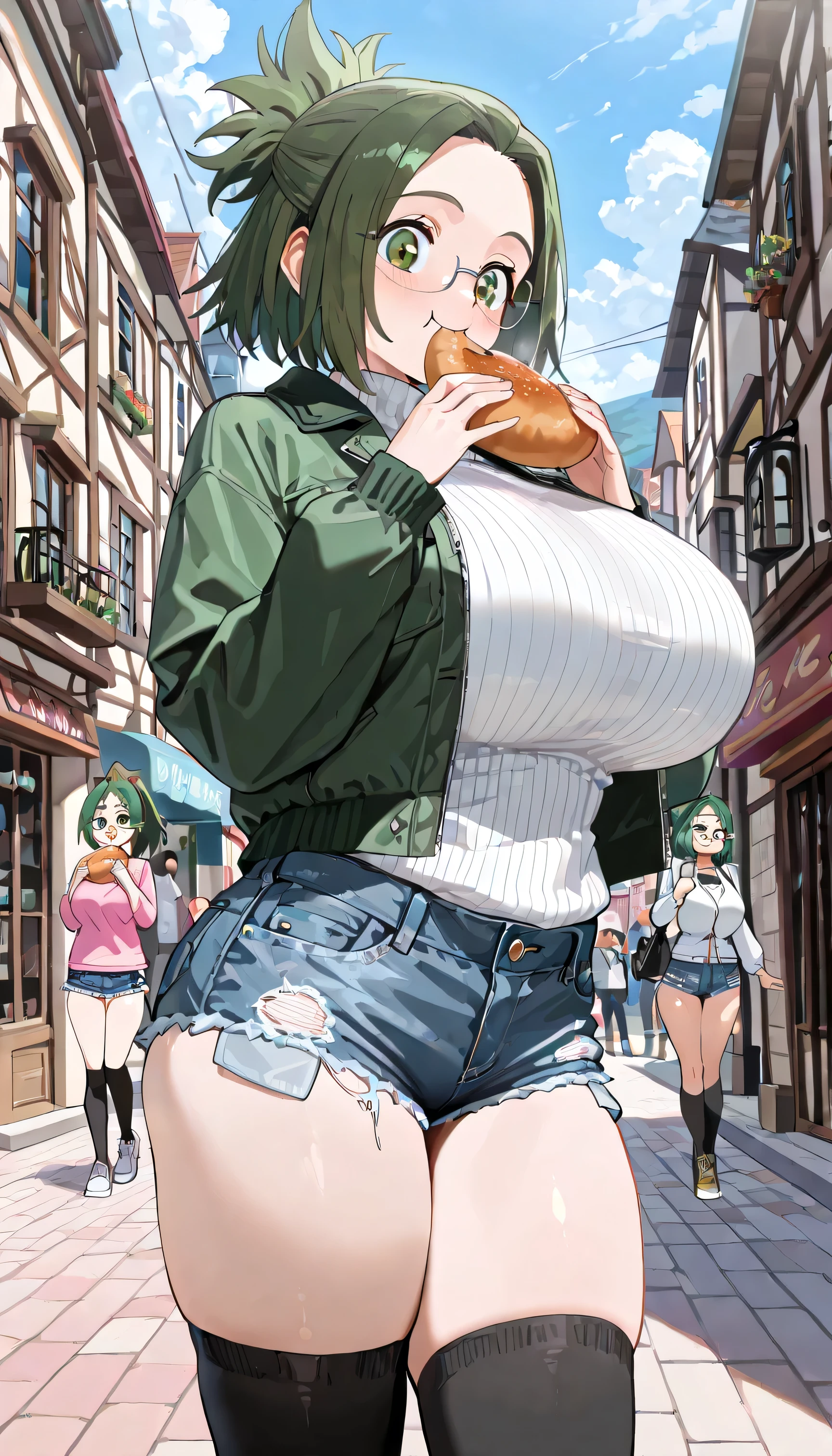 ( best quality , 8k , masterpiece , incredibly absurdres , beautiful woman , perfect body , super detailed skin , highly detailed eyes and face ) , 1 person , Himiko Agari , green hair. , short hair , ponytail , green eyes , glasses , smile , will be happy , ( jacket , tight sweaters, ultra short denim shorts , thigh-high socks , town , eating : 1.2 ) , ( huge breasts )