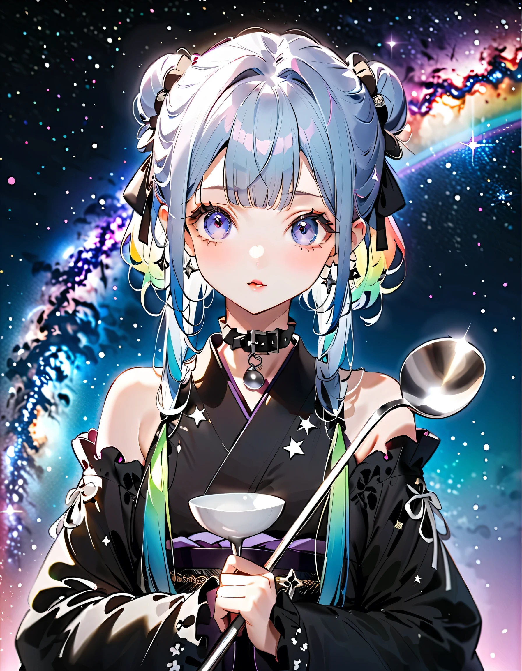 1girl,pretty face、Babyface、the cutest girl in the world、(((Eyes are big and cute )))、(((Best Details、Best Composition、top quality、Supreme Masterpiece、Super Detailed、high definition、HHD、16k、CG、posters、Vtuber,character design)))、starの妖精、(((Gothic ta Kimono Remake of Gothic ta and Kimono、Short length and frills on the hem、Long sleeves、I'm wearing a 、 shoulders sticking out of the ladle、Ruffles on the collar 、Space柄)))、(((Milky White and Blue Gradation Hair Color:1.parkling Glitter Hair Color)))、(((Unique and Cute Hairstyle)))、(((starをモチーフにした髪飾り)))、(((Space、Milky Way、流star群、star々、流れstar、rainbow)))、simple background、starのチャーム、