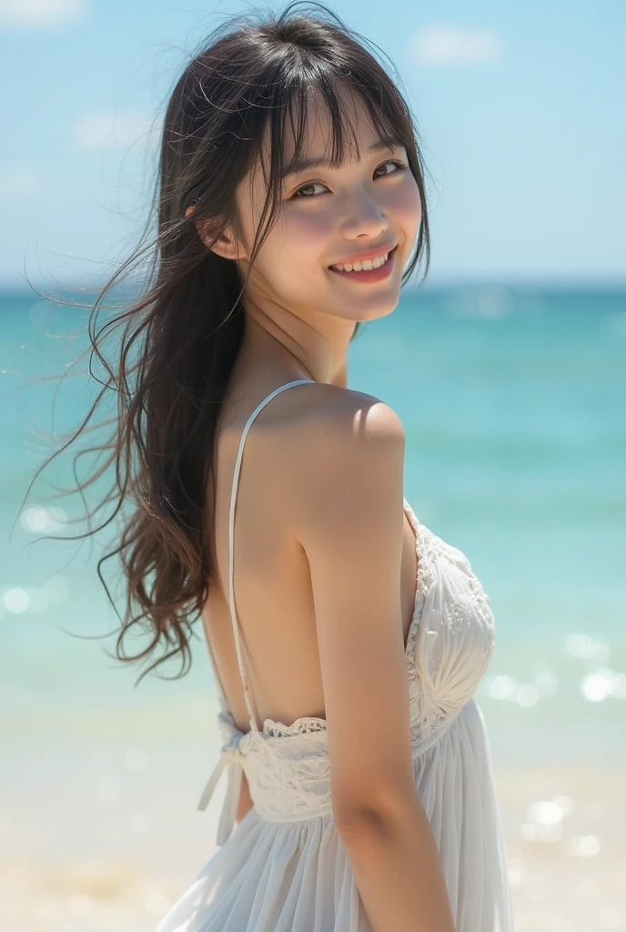 NSFW、(((High resolution))、8K、(In detail))、(Highest quality)、Beautiful girls、beautiful girl、笑顔の可愛いbeautiful girl、とても魅力的なbeautiful girl、(The bikini is a halter neck with strings)、blue sky、Cobalt Blue Sea、White sand beach,(((Your smile is cute,)))、((12-year-old girl:1.5))、Super cute lolita idol、Frolicking expression、(Black medium-long hair)、(((Beautiful girl in a white dress, Transparent muscle)))、(Slender body and beautiful breasts)、(Well-formed and elegant face)、(Thighs)、Semi-nude、NSFW 、tits