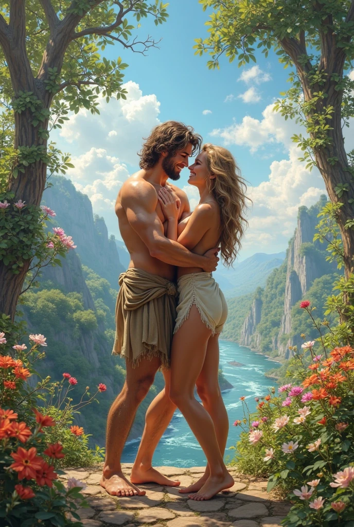 Perfect tall and handsome king with dark short hair and beautiful princess with so long blonde hair together in the natural waterfall swim together kissing hugging he hold her in deep water naked together and behind them have big pink luxury castle from far away