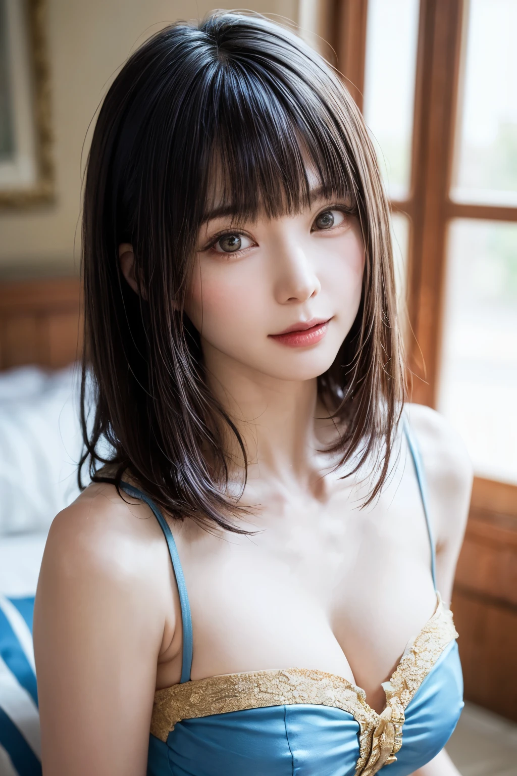 (highest quality:1.4、Add intense highlights to your eyes:1.4、short and shiny hair:1.4 )、1 girl、alone、short black hair、scarf、light brown eyes、droopy eyes:1.5、short hair、Jacket、coat、Winter clothes、hat、lips、lip gloss:1.4、bangs、closed mouth、Big eyes、eyelash、((street))、((bangsのあるshort hair:1.4、Big eyes、Gives a very strong highlight to the eyes、thin waist、very beautiful beauty、show me your ears、long neck、smile a little、Please close your mouth and smile))、Beautiful adult woman full of charm:1.4、(insert the plug、Open loft style interior。tree from big window々I can see the greenery and blue sky、A red carpet is spread on the floor。The woman in the front is wearing a black slip dress、boldly showing off her legs、)、(The woman is looking straight into the camera lens)、perfect anatomy