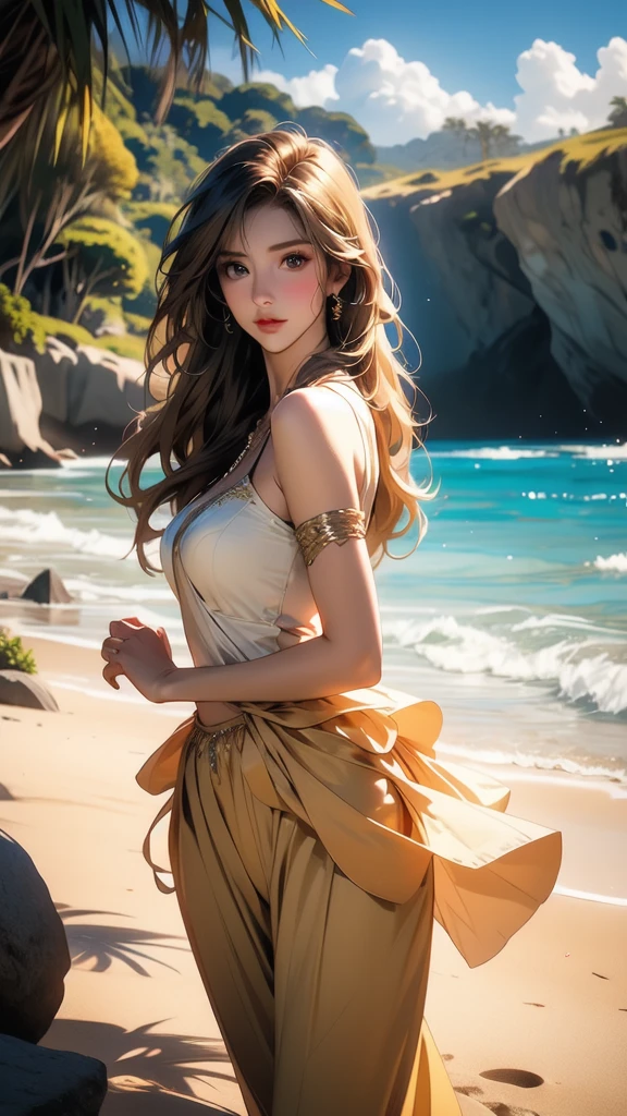(Woman) young, (full body) wide hips and large breasts, (short dress) white coloration and gold embroidery on the edges, (wavy and long brown hair), (earrings), (necklaces), (landscape) clouds, clear sky with a beautiful sun, (body position) sitting on top of the clouds with her beautiful hands leaning against the clouds, (beautiful face). --auto --s2