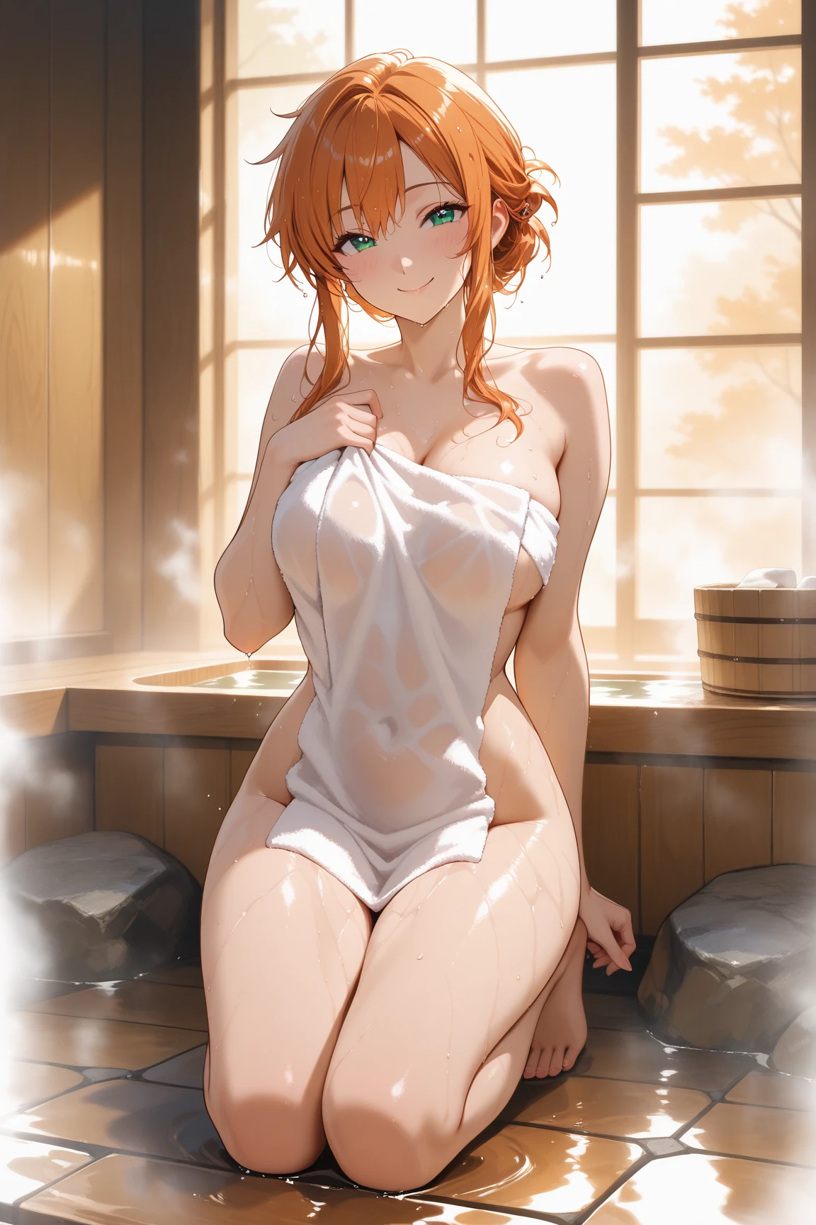 ((pixel-perfect, detail-perfect))), solo nude, 1girl, chika takami, hair orange, style moe anime love live, smile, completely nude, sauna, vagina dripping urine, armpit, open legs, masturbating, big filesize, ultra quality high