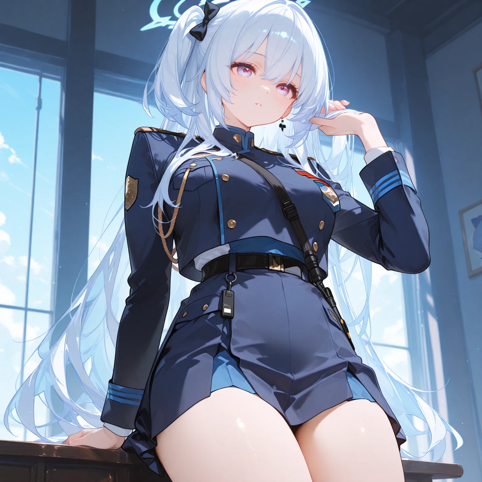 1 girl,Solo,between thighs,masterpiece best quality,very aesthetic,absurdres,two-tone hair,medium bangs,big breast,crotch,silver and blue,Bluish silver,military hat,White jacket,jacket,sleeve,miniskirt,front view,stocking,(open),panties,Bluish)