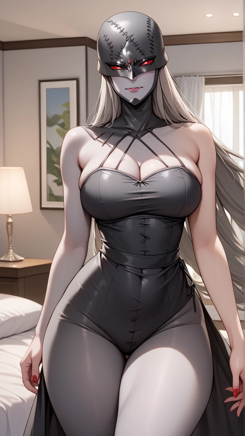 (Uhd, Masterpiece, Textured Skin, Super Detail, High Details, High Quality, Best Quality), Detailed Face, 1woman, mature pretty woman:1.5, curvy, cowboy shot, Silver hair, (Black tightoutfit), (Huge body:1.5), (Long skeletal tail:1.4), Claws