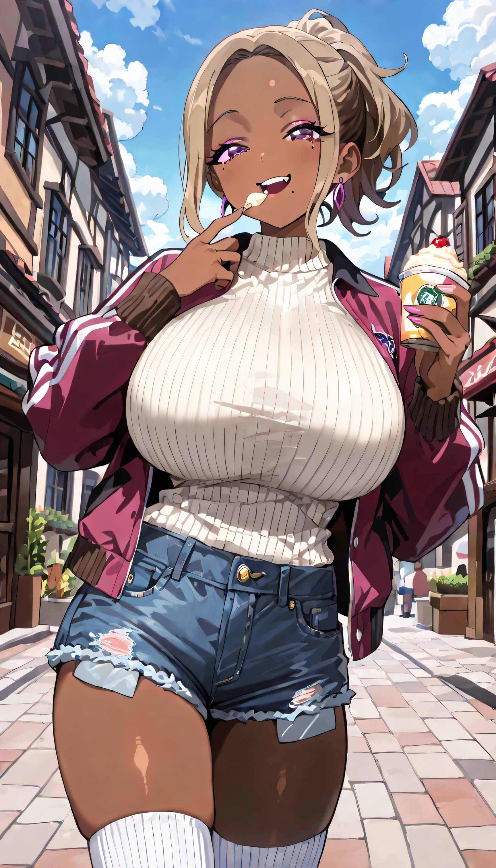 Beautiful young teenager, 1girl, purple hair, blue eyes, extremely short hair, freckles on face, framed eyeglasses, heart shaped choker, happy, smiling, blushing, thick lips, full lips, huge breasts, extreme cleavage, deep cleavage, very thin body, (tiny camisole top 1.5) strap slip, midriff, tiny pleated micro miniskirt, sandals, cleavage, perfect anatomy, ice cream store background, detailed background, ultra-detailed, 4k, 8k, best quality, masterpiece