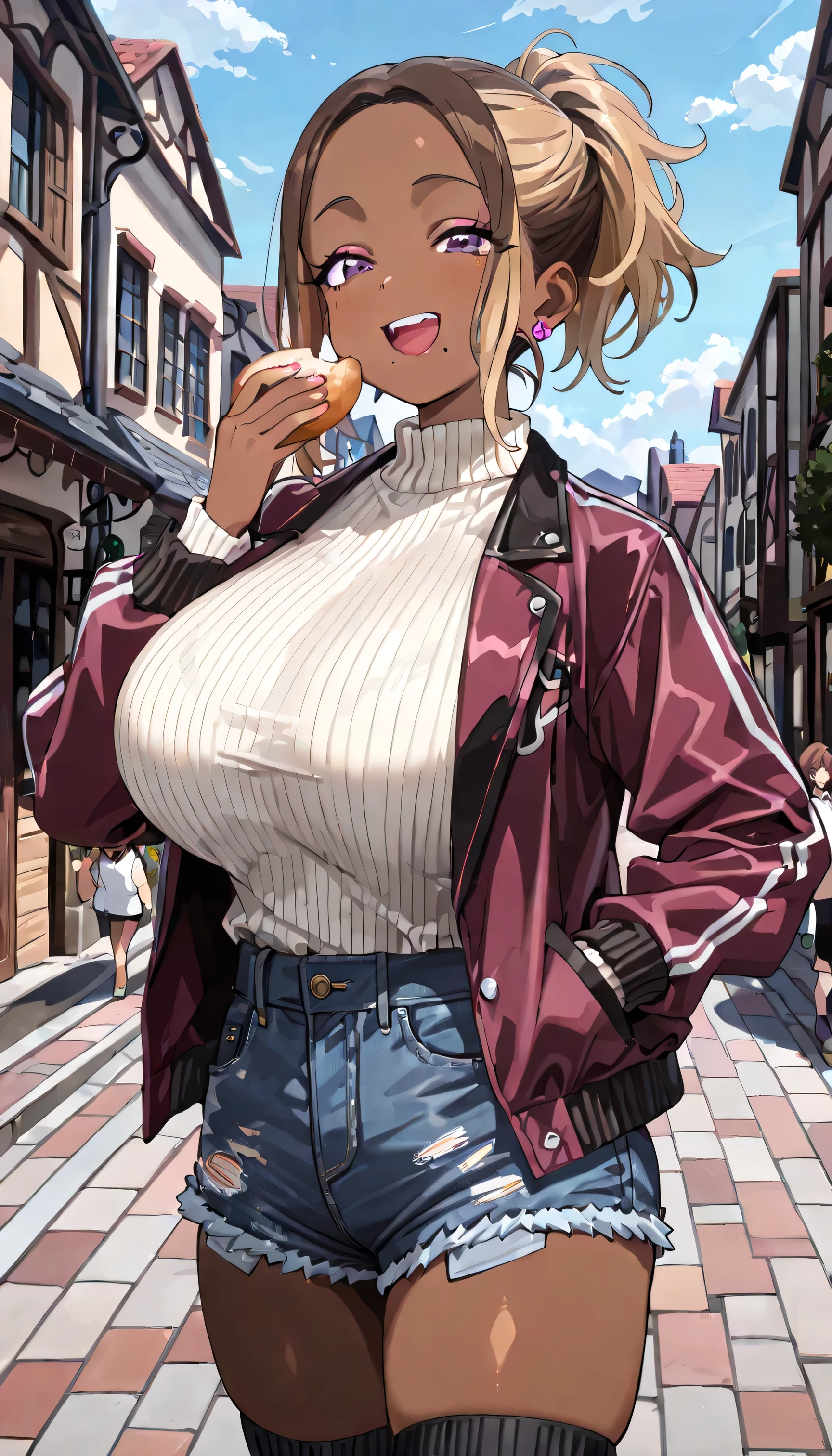 ( best quality , 8k , masterpiece , incredibly absurdres , beautiful woman , perfect body , super detailed skin , highly detailed eyes and face ) , 1 person , Nene Onemine , Gyaru , (beautiful, brown skin:1.6) , smile , upper teeth only , brown-blonde hair , short hair , ponytail , beautiful eyes , mole , mole under eye , mole under mouth , earrings, makeup , smile , will be happy , ( jacket , tight sweaters, ultra short denim shorts , thigh-high socks , town , eating : 1.2 ) , ( huge breasts )