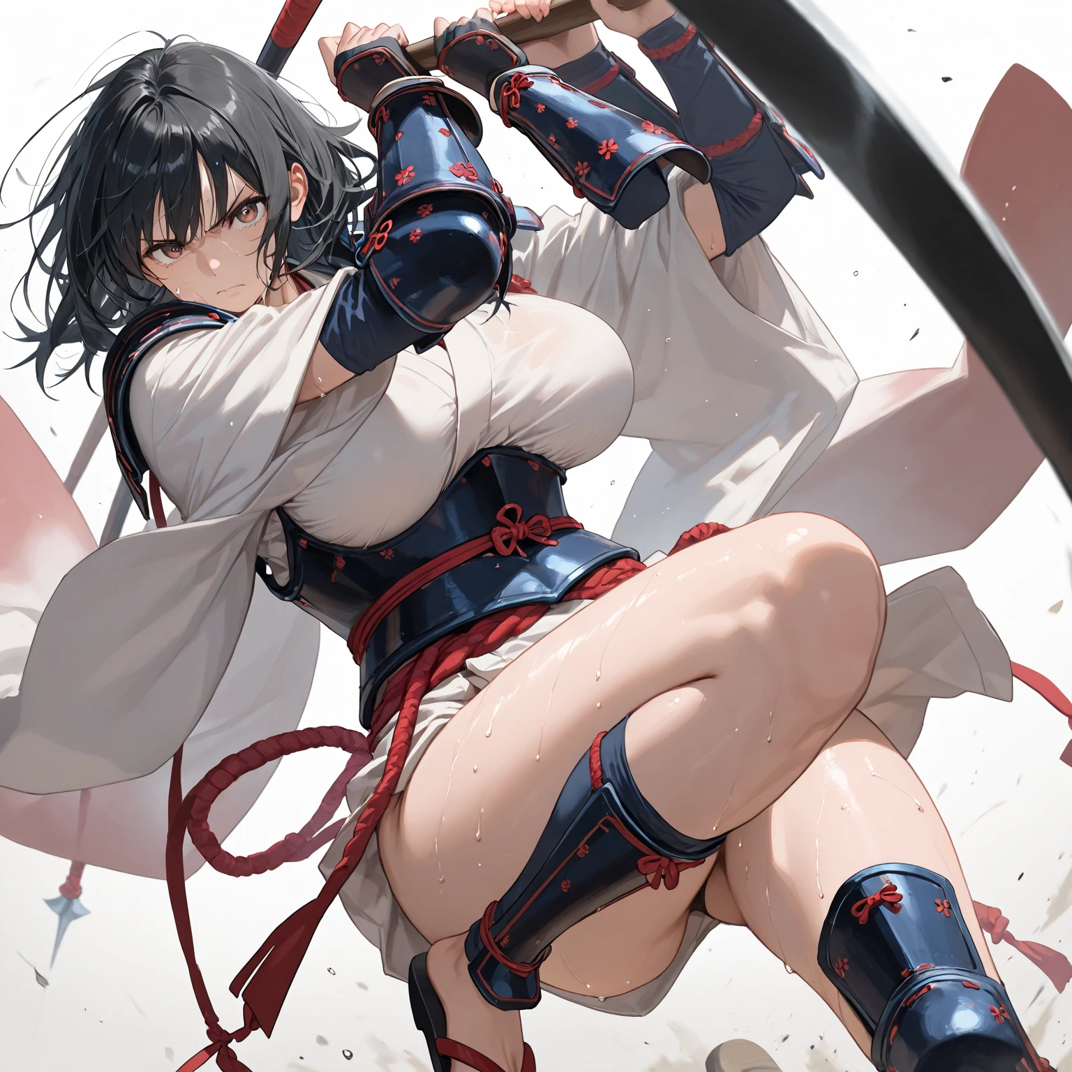 (Perfect Anatomy)、Mastepiece、Ultra High Quality、 8K、masterpiece、highest quality、Ultra-high resolution、Maximum resolution、Very detailed、Professional Lighting、anime、Adult female、thin、so beautiful、samurai、Light clothing、armor、kimono、White competitive swimsuit、Pauldrons、Black Hair、Red Eye、High leg、Knee-high socks、Equipped with a sword、両手にEquipped with a sword、Two-Way、Bob Hair、Hold the sword、Action pose、Quick Movement、Swinging Down the Sword、Wielding a sword、Flowing hair,、Intense expression、Intense battle scenes