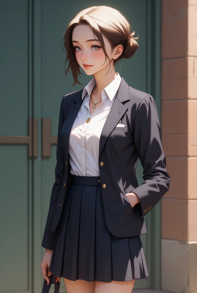 Highest quality, masterpiece, Ultra-high resolution, (Realistic:1.5), RAW Photos, One girl, A skinny girl with small breasts、In the Dark, Deep Shadow, Modest, Cold Light, Sexy look, short hair, (Blazer uniform)、The skirt is twisted by the wind、I can see her white panties