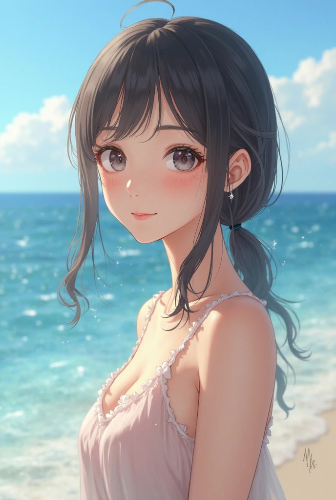 girl in summer clothes, side shot,((selfie)), random background, kiss, beautiful, medium breasts, flirtatious look, ((very detailed)), (perfectly detailed face), (well detailed hand), photorealistic image.