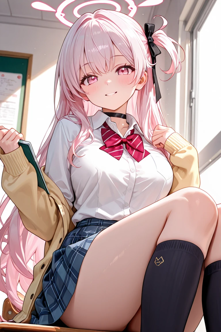 (8K、best image quality、highest quality、masterpiece)、detailed face、1 girl、pink hair、Long hair、diagonal bangs、light blue eyes、earrings、evil small、((smile showing teeth))、big breasts、((white shirt))、cleavage、long sleeve、black pleated skirt、white socks、loafers、sitting,、knees up、Take from below、((Back alley background at night))