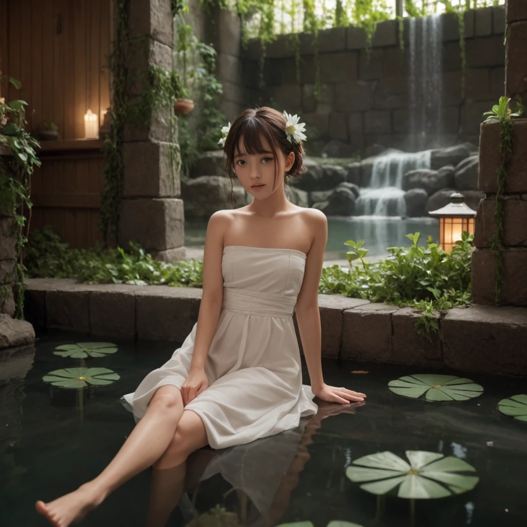 More details1,Glossy glossy skin,Nude Best quality,tmasterpiece,独奏,young 17 years old,nabel,areola of breast,big cleavage breasts,White skin of the,Slim,By bangs,long whitr hair,looking at viewert,seduct smile, parted lip, Be red in the face, arms behind head, Arms up, Half submerged in the tub, Semi-immersed in water, Rochas, A plant, ln the forest, steamy, In the daytime, rays of sunshine, The light from the back window is backlighted, lightand shade contrast