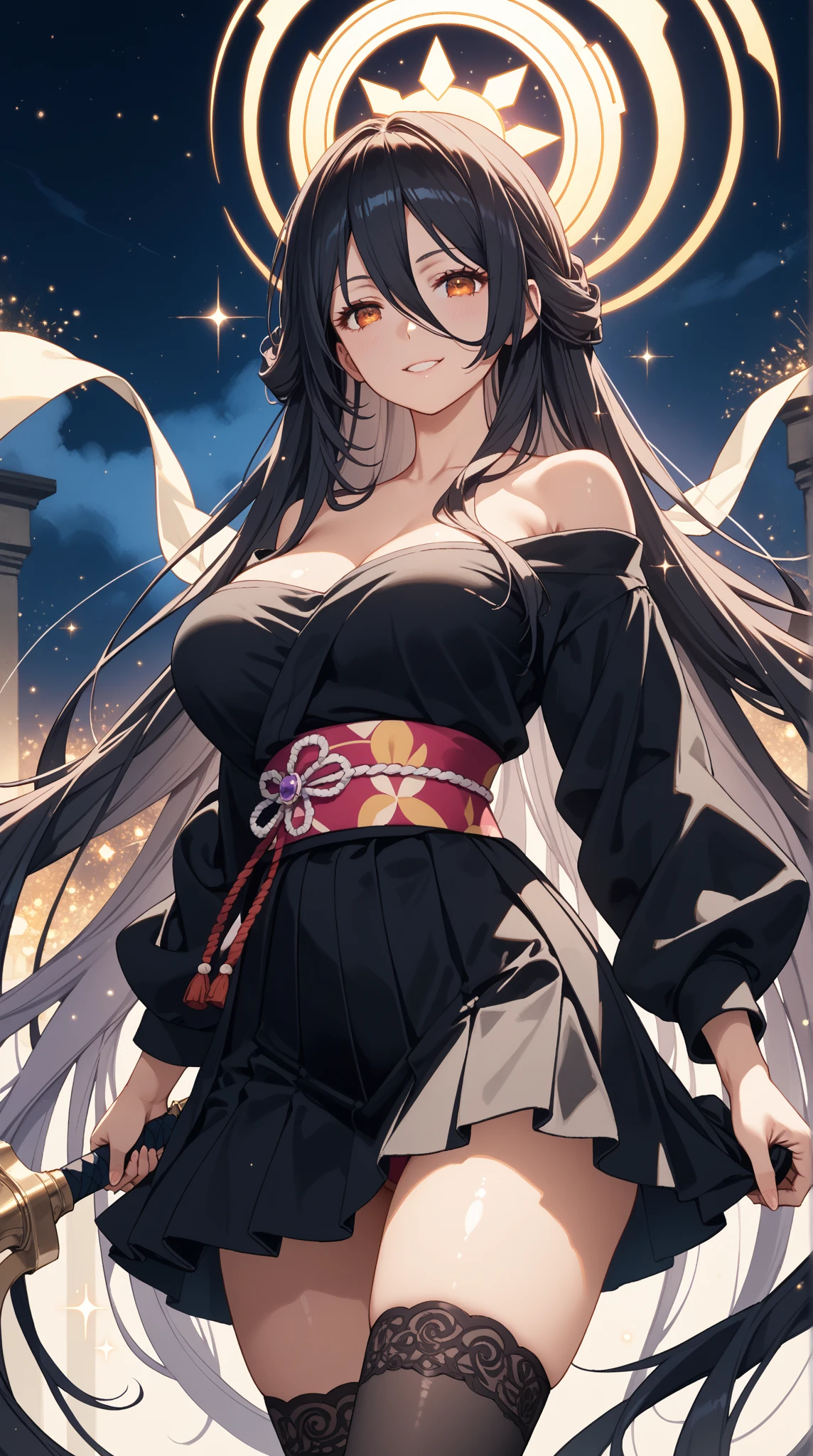 masterpiece, best quality), intricate details, 1 girl, woman, black hair, luffy, ((monkey d luffy)) \ (one piece\), scar on face, (long hair), shirt, white shirt, female focus, clothes, collared shirt, pants, cape, black coat, shirt, scar, sandals, pectorals, black coat on shoulders, nature, scenery, upper body, straw hat, ((front view)) ((close up shot)) ((solo)) (black eyes) ((female monkey d luffy)) luffy from one piece, detailed eyes, night, ((high resolution)) (upper body)