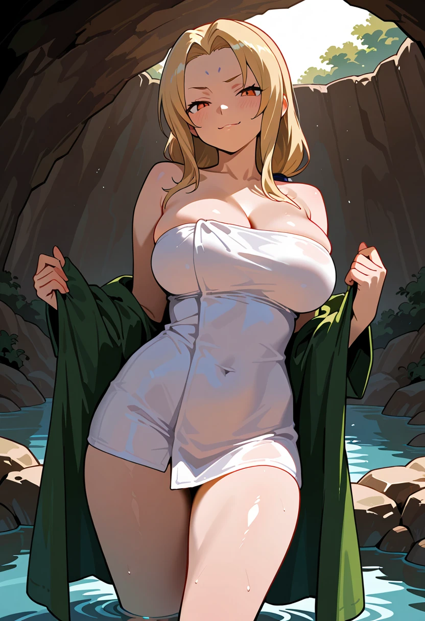 1girl,obra-prima, melhor qualidade, altamente detalhado,Tsunade Senju, the legendary Sannin from the Naruto series, rocking her crimson robe that hugs her voluptuous figure just right. She stands at the edge of a majestic waterfall, the mist rising from the crashing waters, wrapping around her like a wet dream. The sheer force of the waterfall matches Tsunade's unrivaled resolve and the size of her massive, perfectly sculpted tits. The cliffs surrounding her are covered in thick, luscious green foliage, making it the perfect setting for some jungle fever. Illustrated with extreme attention to detail, utilizing the most advanced digital art techniques to capture every curve of her body and the wild splashes of water, giving you the best fap material you've ever laid your eyes on.