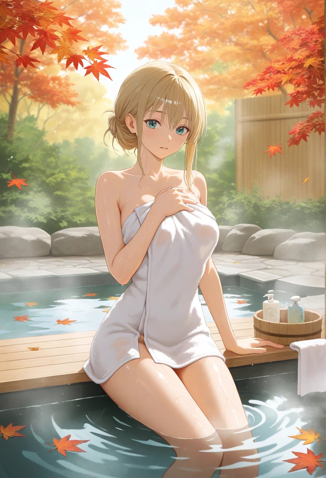 ,30year old women,blonde short hair,green eyes,medium breasts,naked towel,(happy:1.3),onsen,sitting