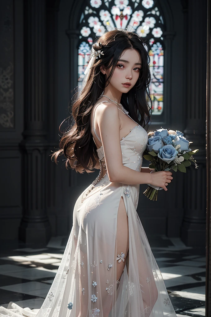 1girl,ass,back,backless_outfit,bangs,bare_shoulders,black_dress,black_flower,black_rose,blue_flower,blue_rose,bouquet,breasts,brown_hair,butt_crack,dress,earrings,flower,from_behind,hair_between_eyes,hair_flower,hair_ornament,holding,holding_bouquet,indoors,jewelry,long_hair,looking_at_viewer,looking_back,pink_rose,purple_eyes,purple_flower,purple_rose,red_rose,rose,rose_print,solo,thorns,underwear,very_long_hair,wavy_hair,white_flower,white_rose