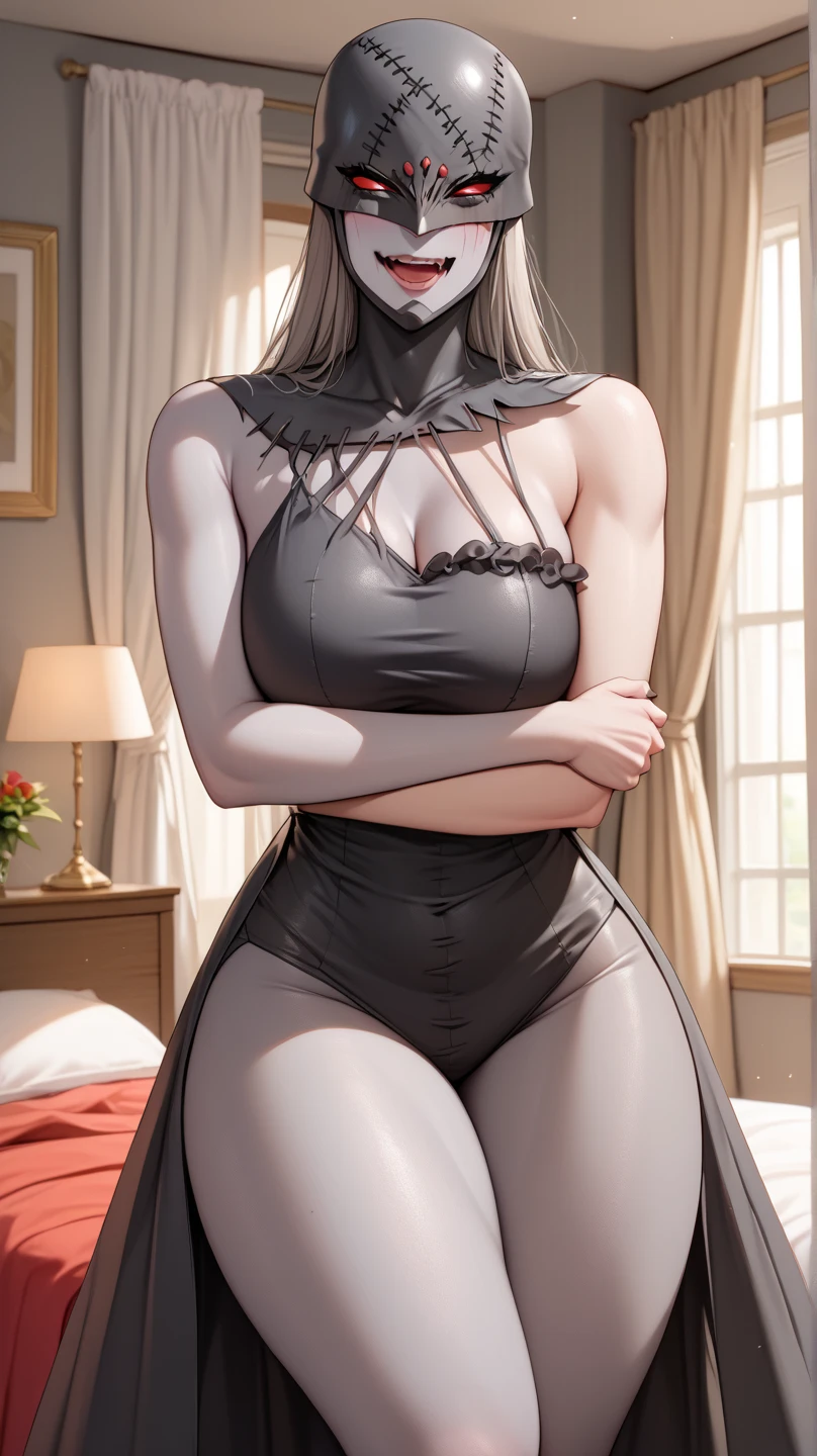 (masterpiece, best quality:1.2), cowboy shot, solo, 1girl, blackdahlia, mask, looking at viewer, hat, hat feather, dress, side slit, cape, elbow gloves, cleavage <lora:skullgirls_blackdahlia:1.0>