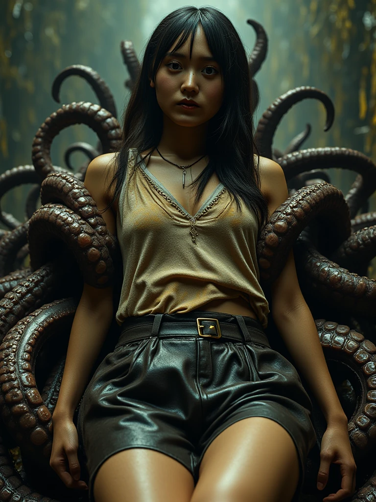 creepy tentacles are (((licking))) Asian school girl (inside creature:1.4) of stinky saliva fluids in fantasy, (stinky dress), wet girl, sitting, ((looking at the viewer)), wet skin, bukkake, anguished, bound by slimy tentacles, bdsm, vine, sitting in a mirror, she is resisting from cum shot, fetish, pussy juice stain, (she is hiding her mouth:1.5) inside creature, slimy ((wet skin)) dripping, (beautiful eyes), dried saliva, ((steaming)), depth of field, 1girl, solo, censored, ((white)) blouse, skirt, school girl, vore, photorealistic, slime, saliva