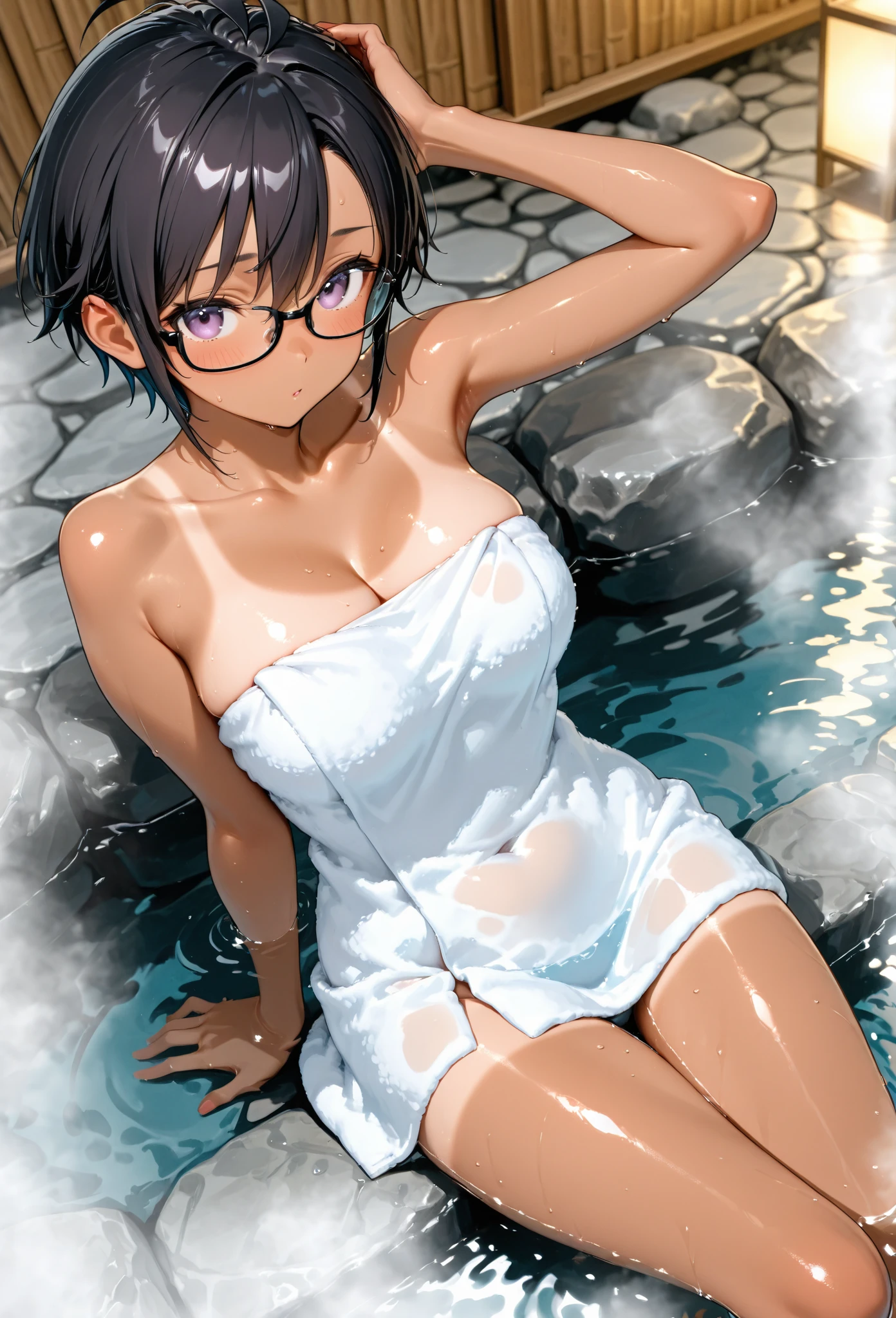 (masterpiece, highest quality), One Girl, Satou, Satou, Glasses, 赤いフレームのGlasses, A bath towel is wrapped around the body:1.8, Satou, Glasses, 赤いフレームのGlasses, hot spring,head to feet,hot springに入っている,Wet Hair,