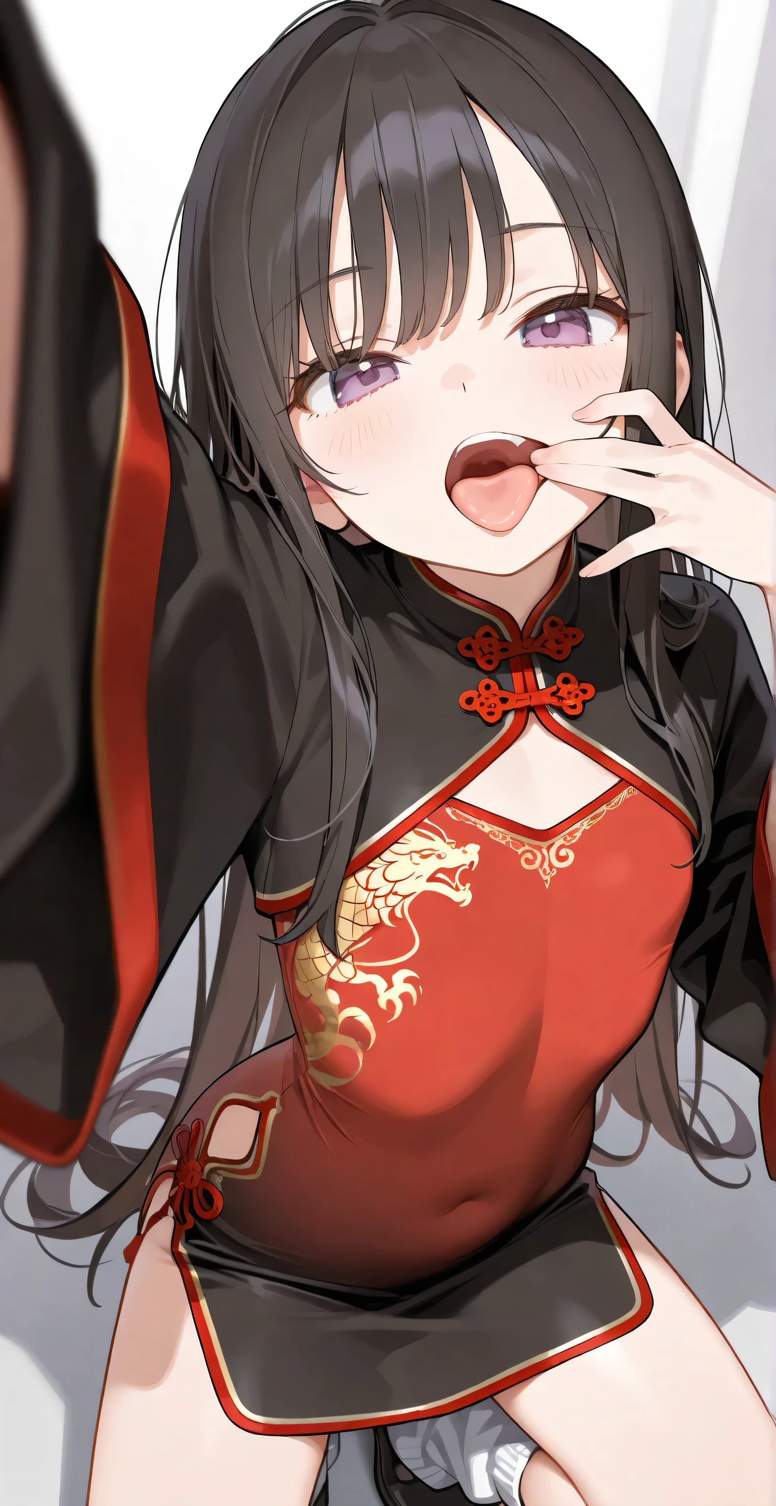short skirt, flat chest, clothed, covered body, tight clothes, cropped clothes, oversized longsleeve, loose socks, medium breasts, long hair, detailed clothes decoration, Chinese dress, black clothes, squatting, spread mouth, tongue, from above, looking at viewer