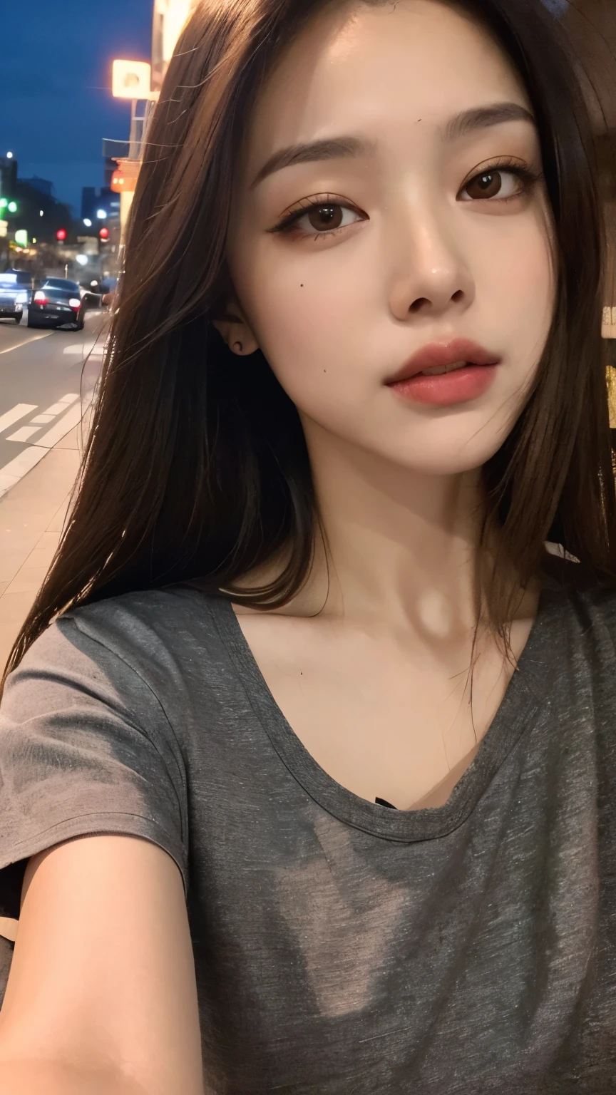 ((Realistic lighting, Best quality, 8K, Masterpiece: 1.3)), Clear focus: 1.2, 1girl, Perfect beauty: 1.4, Slim abs: 1.1, ((Dark brown hair)), (White crop top: 1.4), (Outdoor, Night: 1.1), Park view, Super fine face, Fine eyes, Double eyelids,