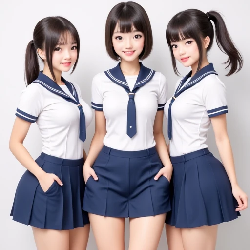 Idol、Three Girls,Japan teenagers,line up,smil,(Colorful Lingerie)、perfect-composition、top-quality、ultra-detailliert、masterpiece、realisitic、Shortcut Hair,((a sailor suit)),((Short sleeve uniform white shirt)),(neck tie),(Mini Pleated Skirt),Classroom,pantiy,panties focus,