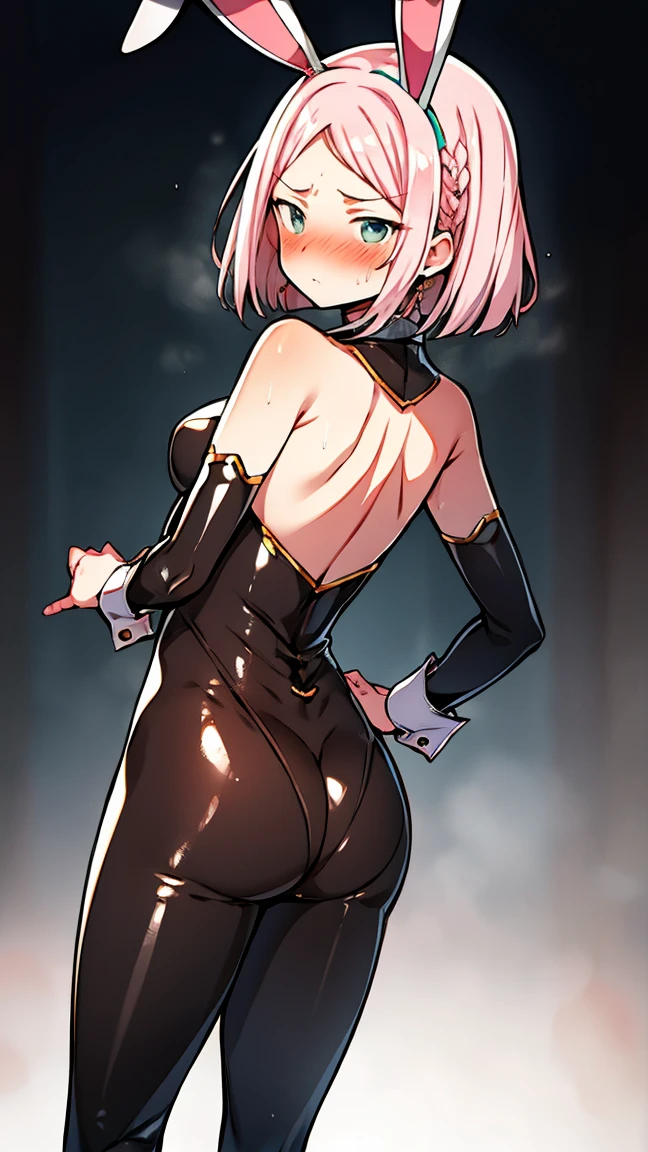 Obra maestra, mejor calidad, ultra detallado, 1 chica, animal_orejas, CULO, Backless_leotard, doblado_encima, negro_leotard, negro_muslos, senos, cerrado_boca, Dutch_angle, falso_animal_orejas, de_behind, gris_Background, cabello_Bien, halo, heart, leotard, luz_rubor, Largo_cabello, mirando_en_espectador, mirando_Back, bajo_alas, medio_senos, rosa_cabello, rosa_halo, playboy_Bienny, conejo_orejas, simple_Background, soltero_side_Bien, sonrisa, solo, Sin tirantes, Sin tirantes_leotard, muslos, muy_Largo_cabello, blanco_alas, alas, yelbajo_eyes, big ass, t back, thong, black hair, bunny ears